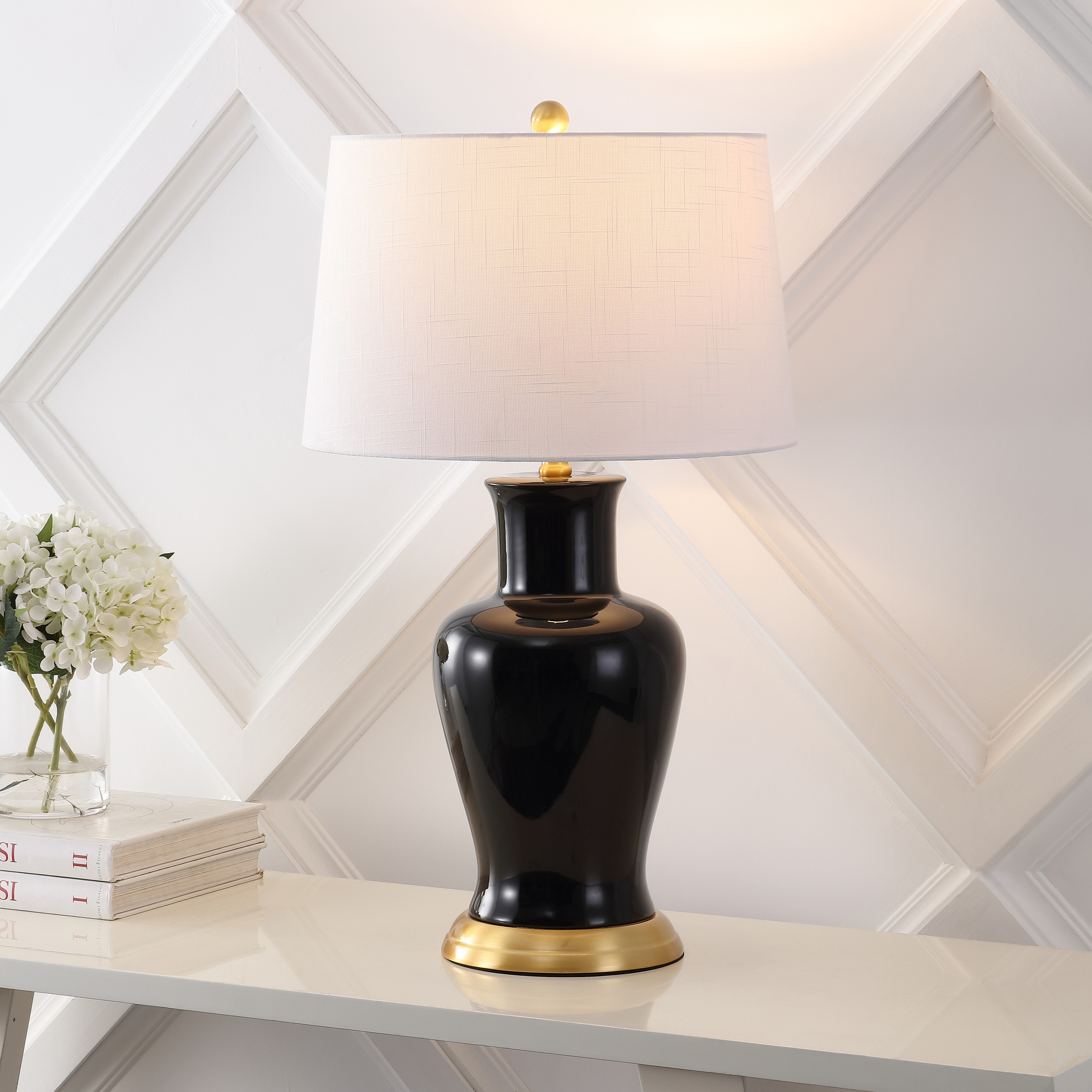 JONATHAN  Y JYL4026F Julian Classic Ceramic Urn 29-in Black LED Rotary socket Table Lamp with Linen Shade