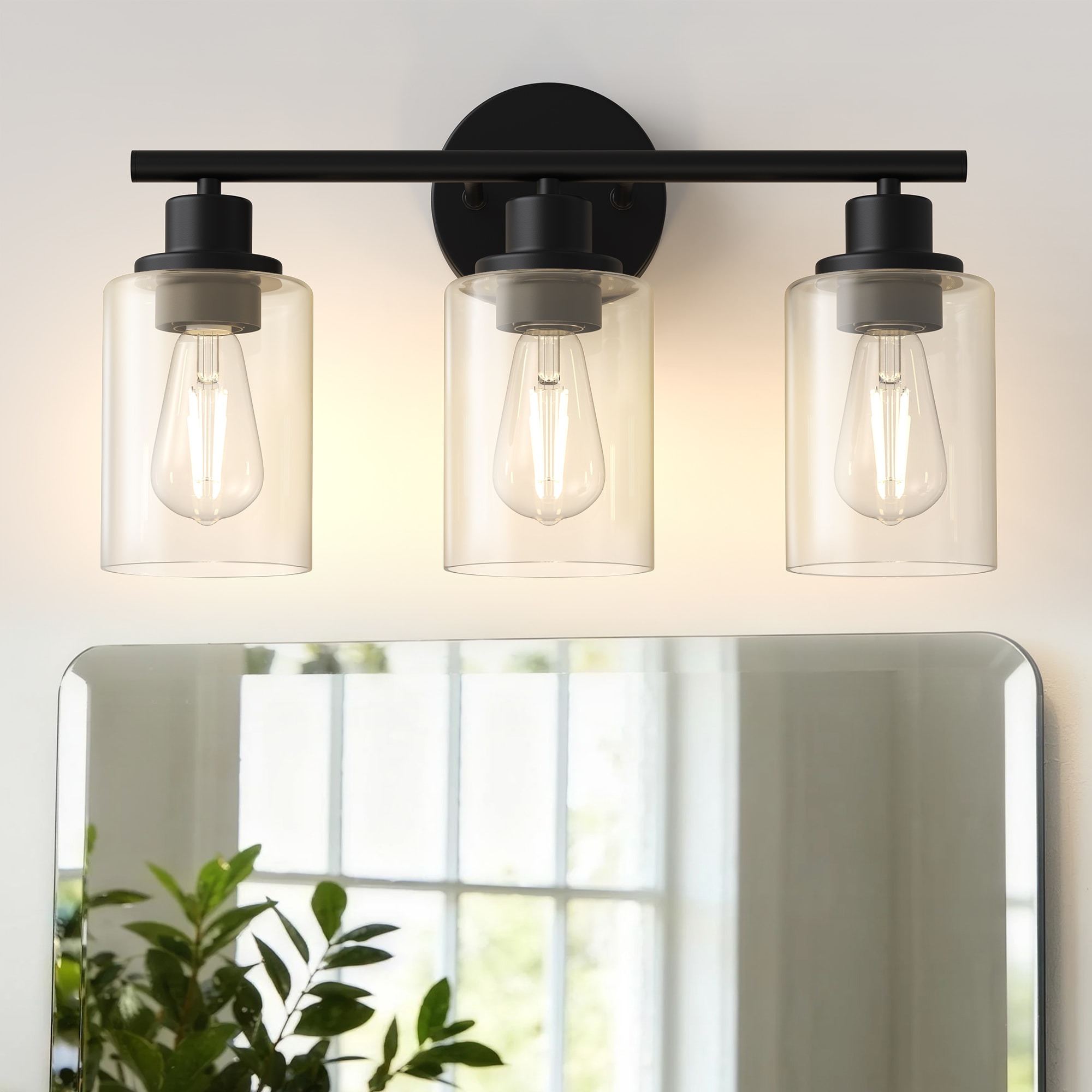 Jandcase 16.9-in 3-Light Matte Black Bathroom Vanity Light with Clear Cylinder Glass Shades and E26 Sockets for Bathroom Mirror