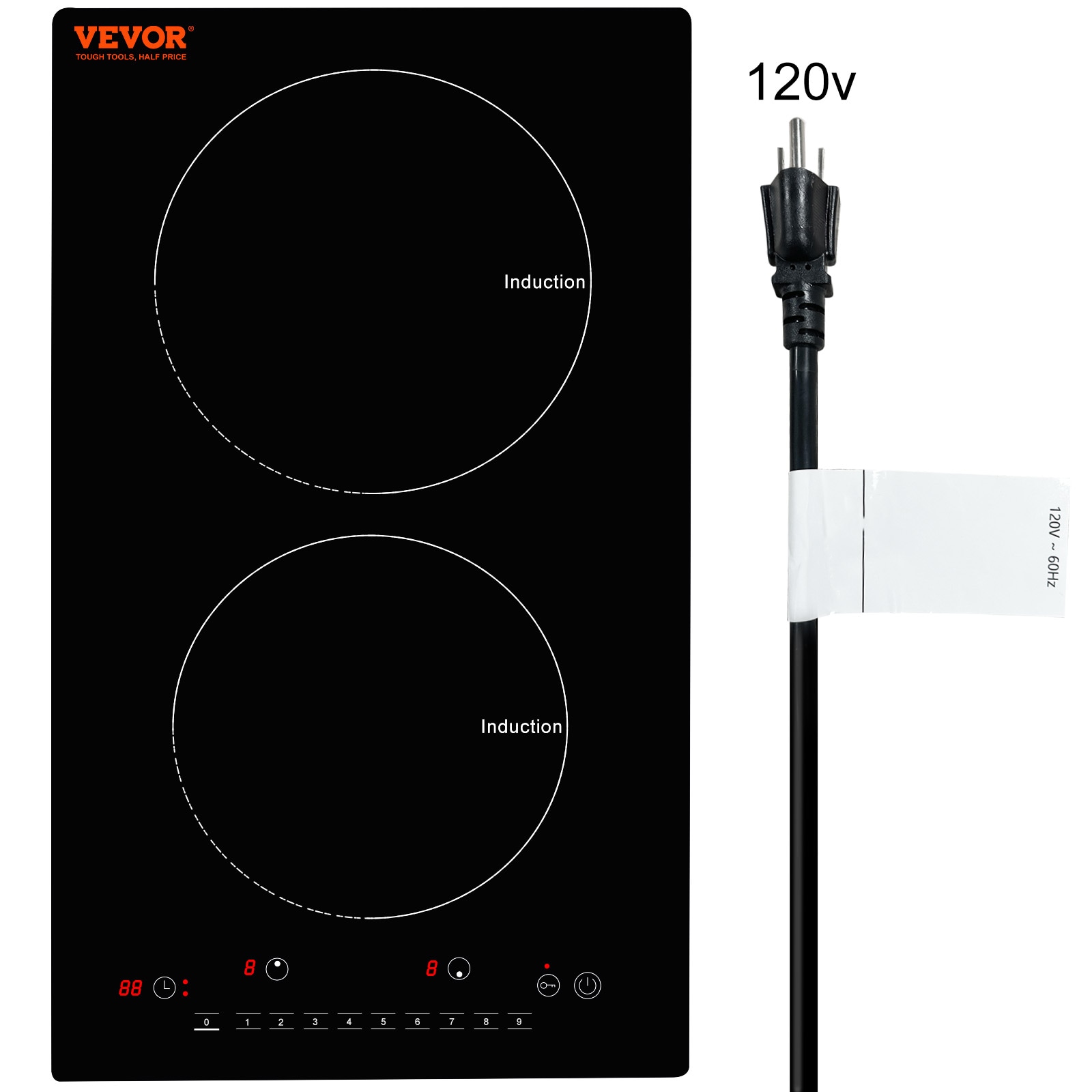 VEVOR QRSDC2121800W77EVV1 20.1 x 11.6 x 3.5-IN 1800W 120V 12-in 2 burners Black Induction Cooktop