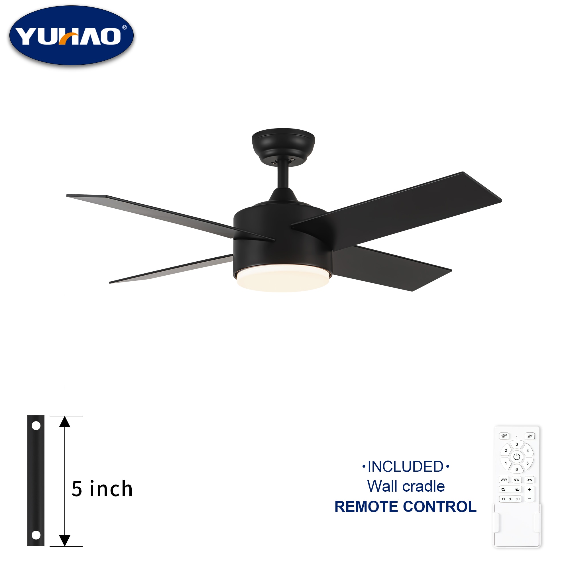 YUHAO LSAC1084BK442 Airedpro 44-in Color-Changing Integrated LED Black with Matte Blades Ceiling Fan With Light and Remote ( 4 -Blade )