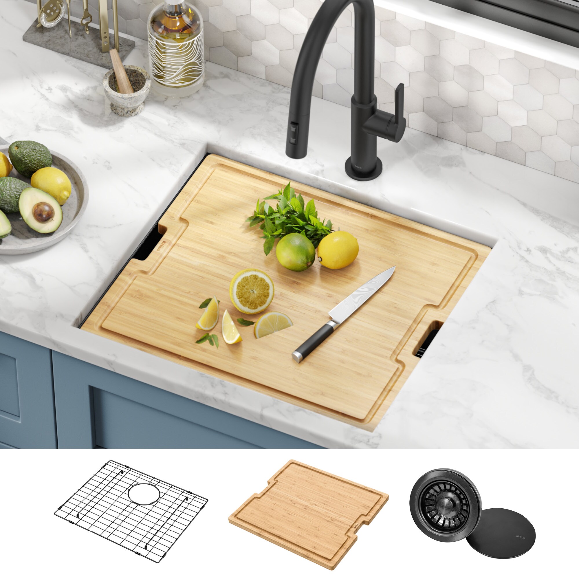 KRAUS Workstation Kitchen Sink Wood Grain Composite Cutting Board 