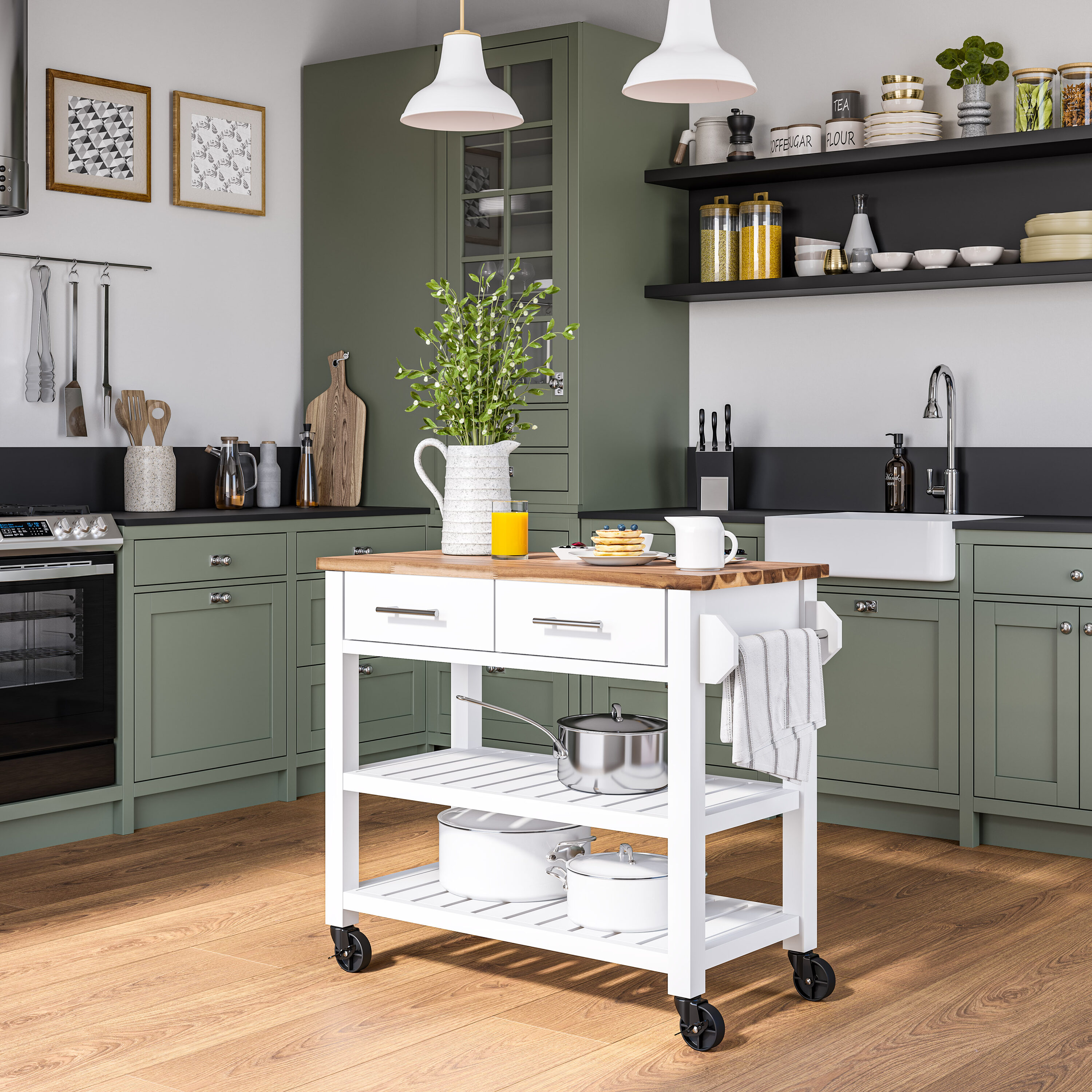 Seville Classics FRN04748B White Metal Base with Wood Wood Top Rolling Kitchen Island ( 18.5-in x 38.4-in x 35.75-in )