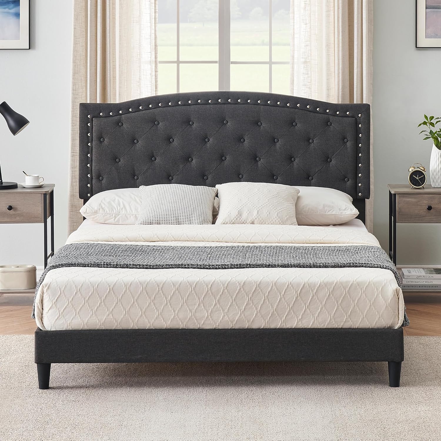 Qeetex DHZ-PHO-0XYU0XI6 Full Size Bed Frame upholstered platform bed with adjustable button tufted headboard and nailhead trim wood slat support no box spring needed grey
