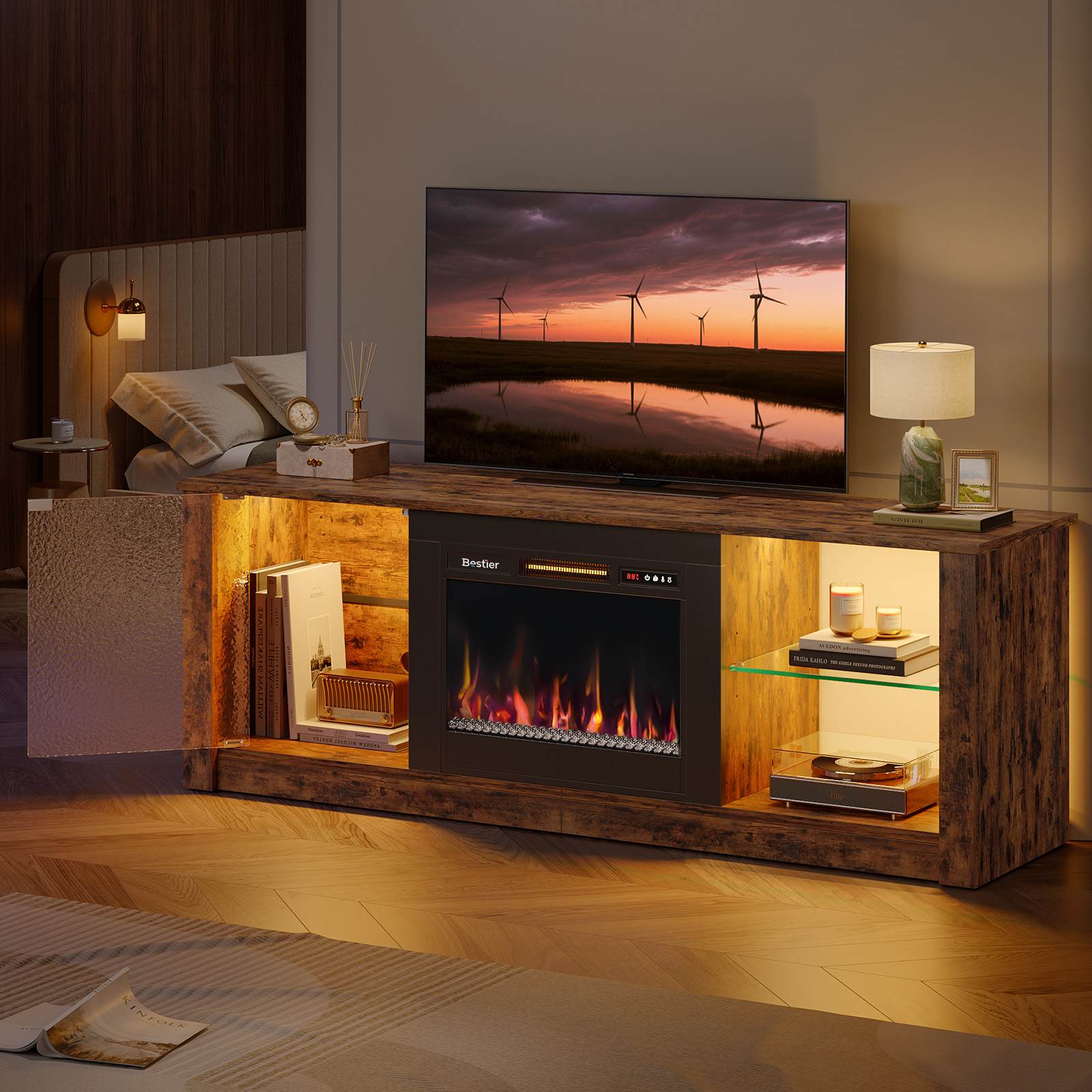 Bestier 63-in W Brown Freestanding Electric Fireplace TV Stand