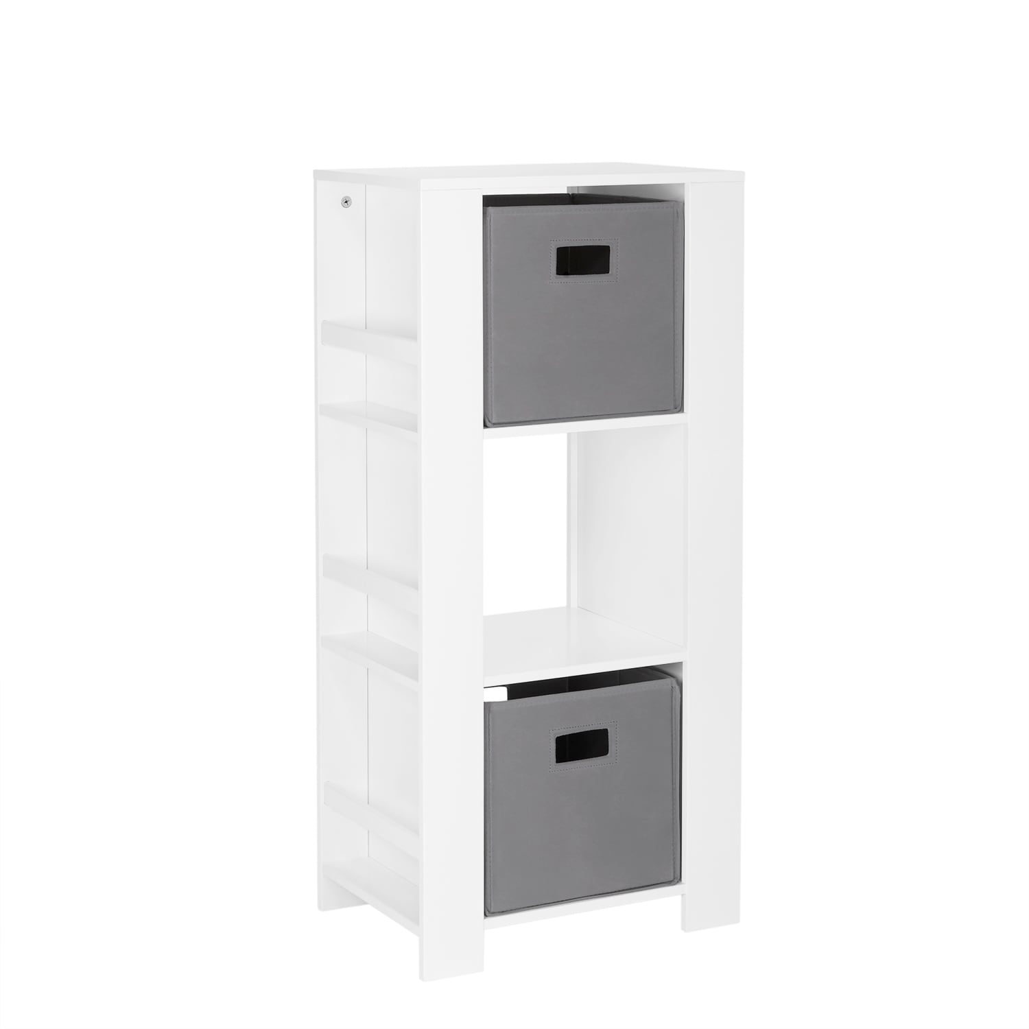 RiverRidge 02-166K Book nook cubby storage tower White with 2 Pc gray bins Kids bookcase ( 17.38-Inches W x 37-Inches H x 11.81-Inches D )