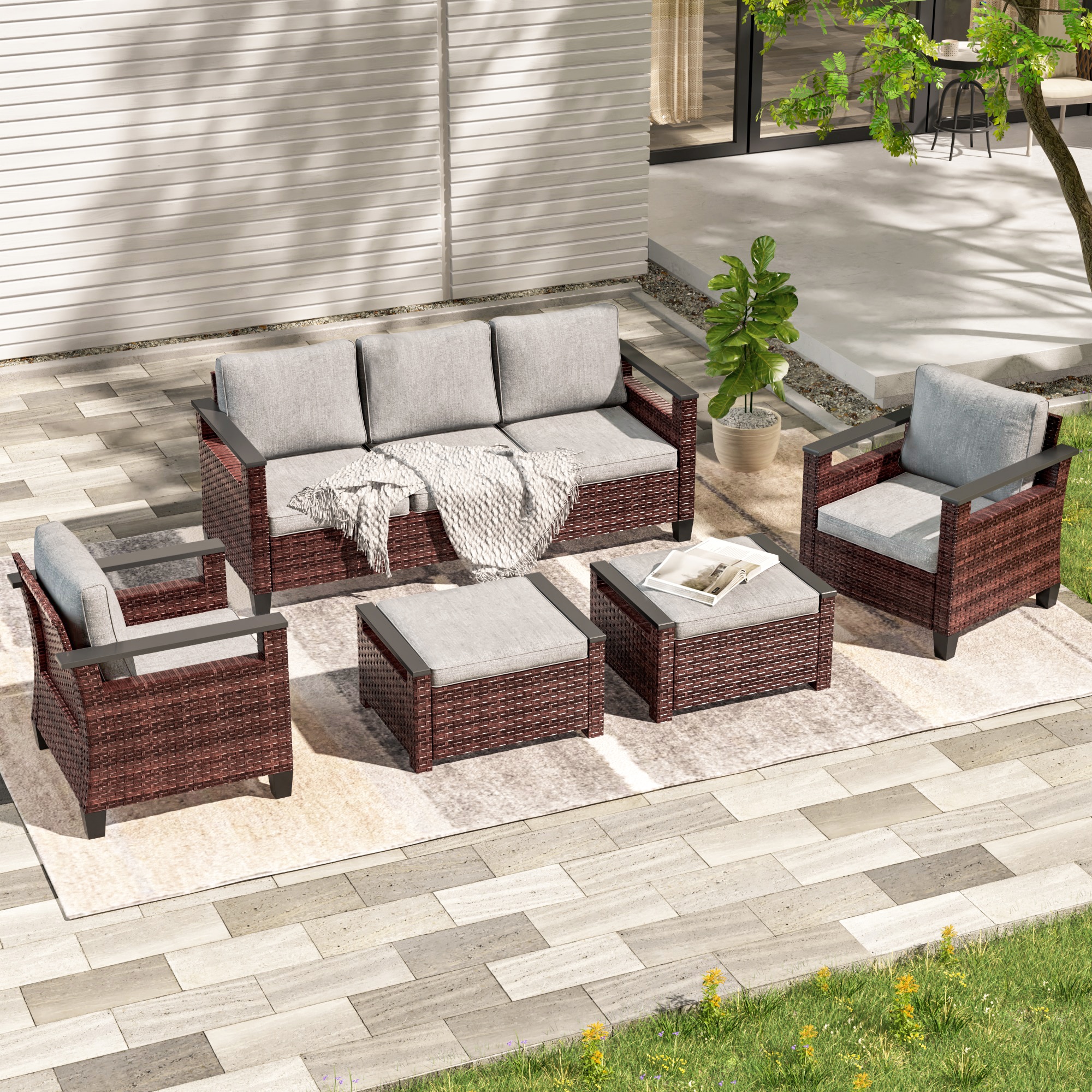 Sonkuki SD-PS-126BLY Patio Conversation Set 5 -Piece Wicker Patio Sofa Conversation Set with Gray Cushions