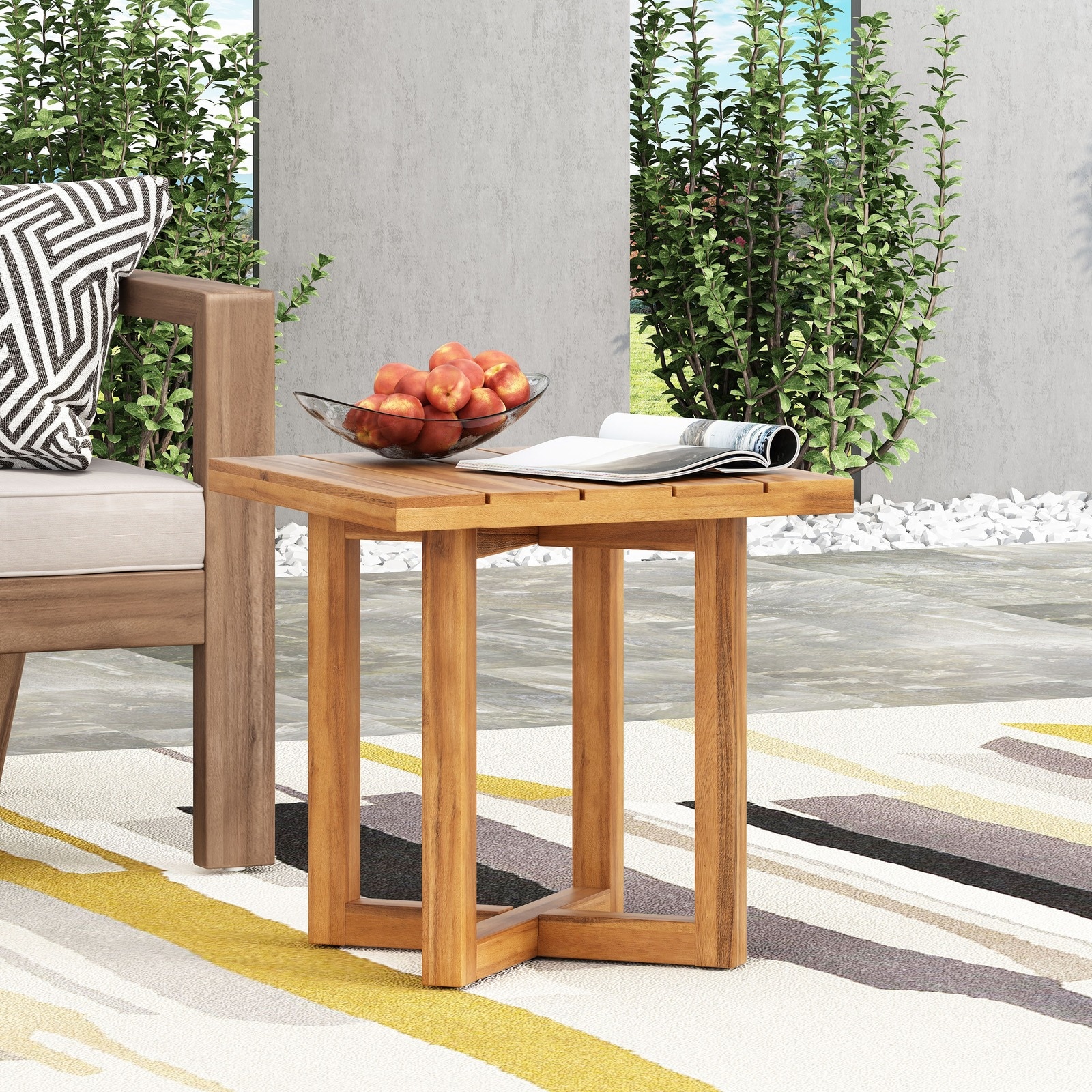 UOI - 18 inch Teak Acacia Wood Square Side Table with Slat Panel Design and Cross Stretcher Base