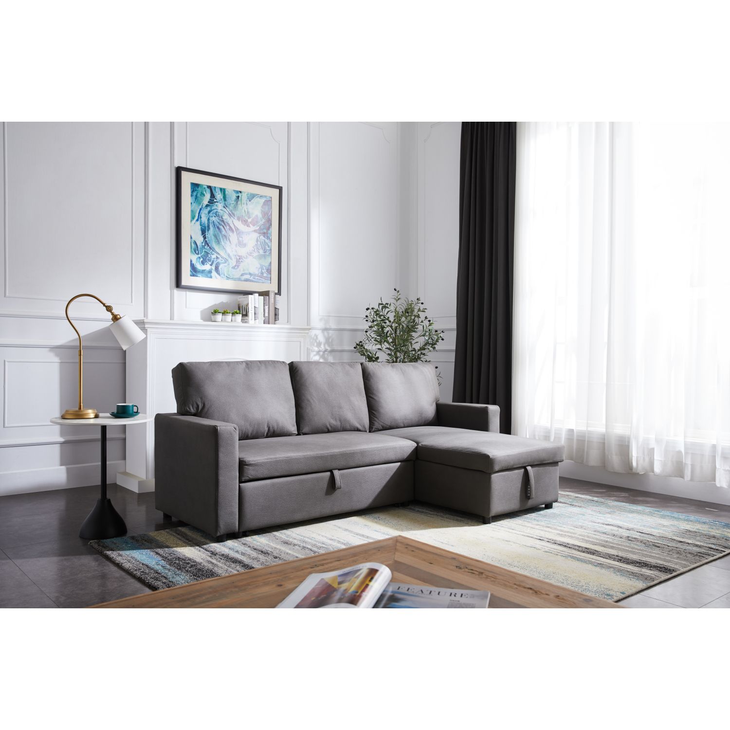 JASMODER W487S00009 Sectional Sofa With Pulled Out Bed, 2 Seats Sofa And Reversible Chaise With Storage, Stone Fabric, Grey, (85 inch X52 inch X34 inch )