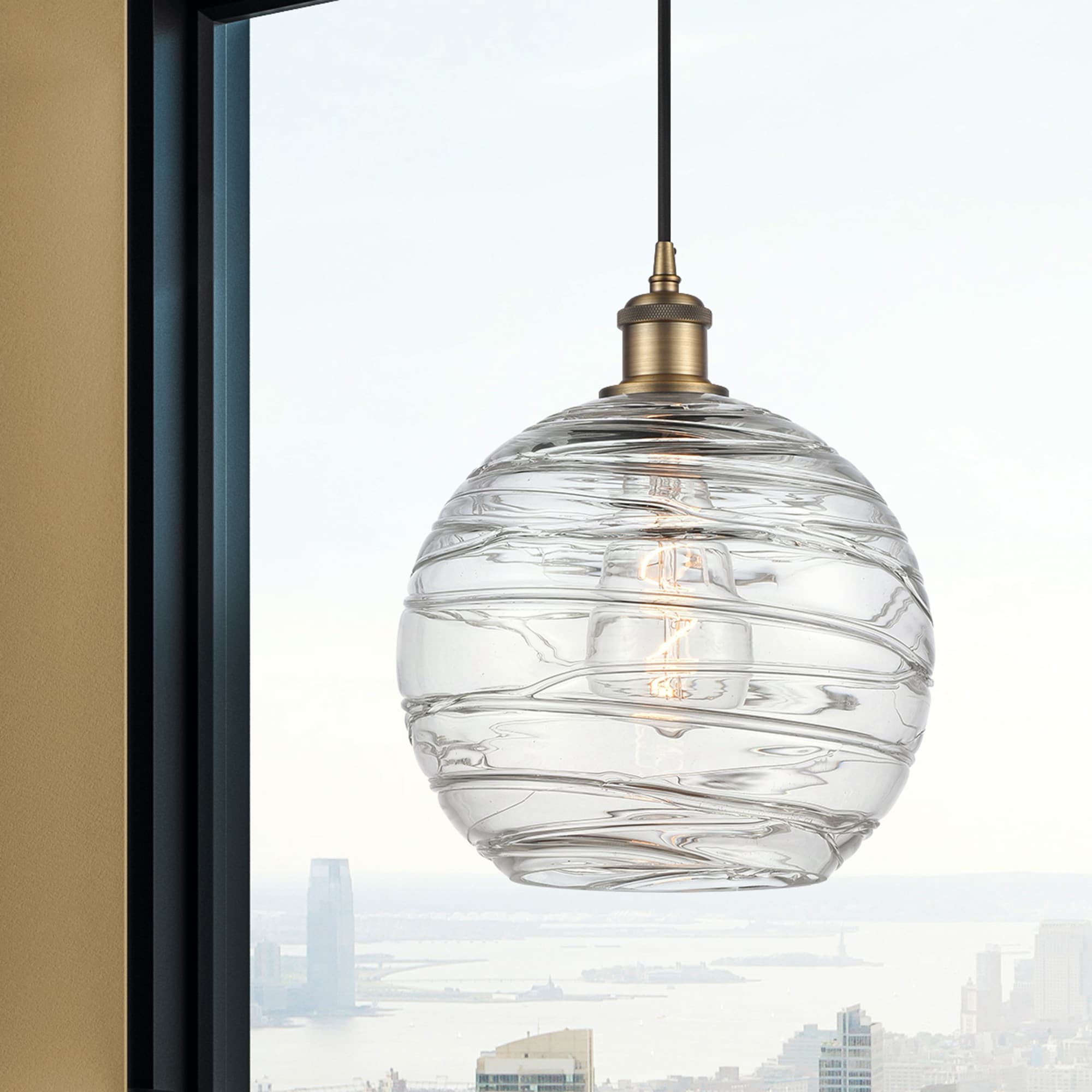 Innovations Lighting 516-1P-BB-G1213-10 Athens Deco Swirl Clear Deco Swirl, Brushed Brass Industrial Clear glass Globe Medium Hanging Pendant light