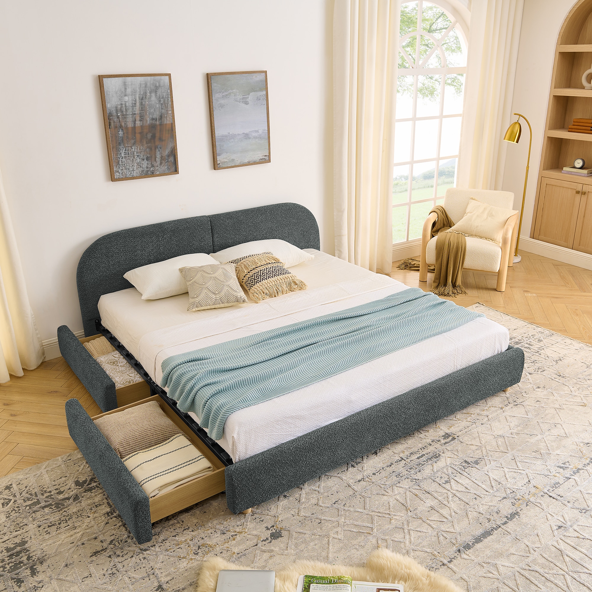 KTMBDW - King Platform Bed with Storage -Upholstered Bed Frame with 4 Drawers and Curved Headboar...