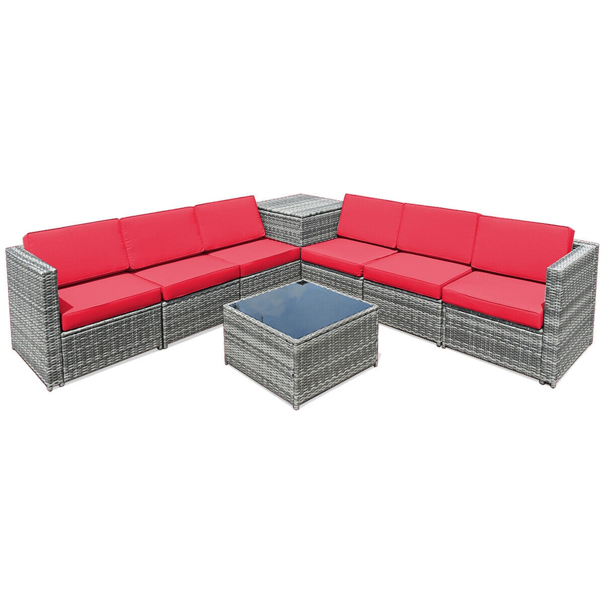 WELLFOR OUJ65782BRE+ 8 -Piece Rattan Patio Conversation Set with Red Cushions