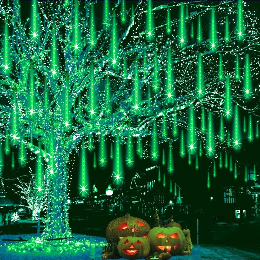 Vrbgify  Halloween Lights Outdoor 8 Tube 192 LED Green Meteor Shower Effect Icicle String Light UL Plug Waterproof for Tree Yard Party