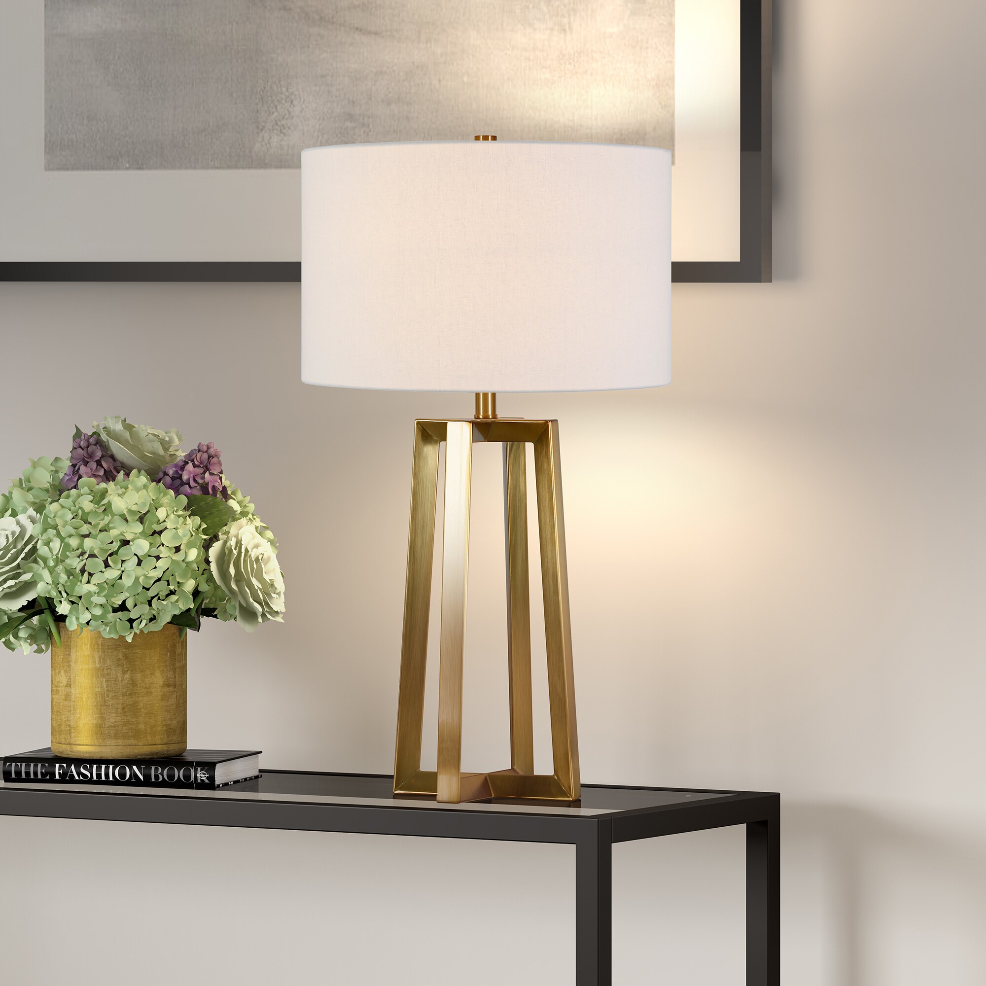 Henderson Brass Finish Arc Table Lamp with White Milk Glass