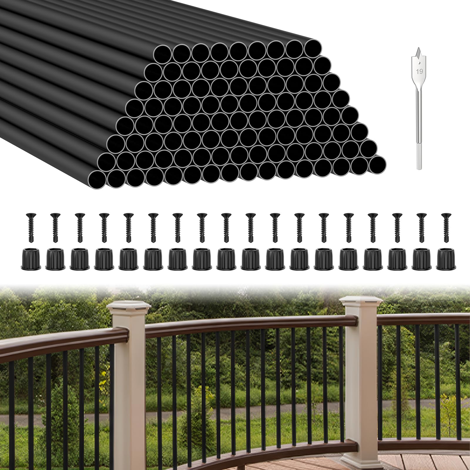 Misopily  100 Pack 32 in Aluminum Deck Balusters with Connectors and Screws 3 quarter in Outer Diameter Hollow Round Metal Balusters for Deck