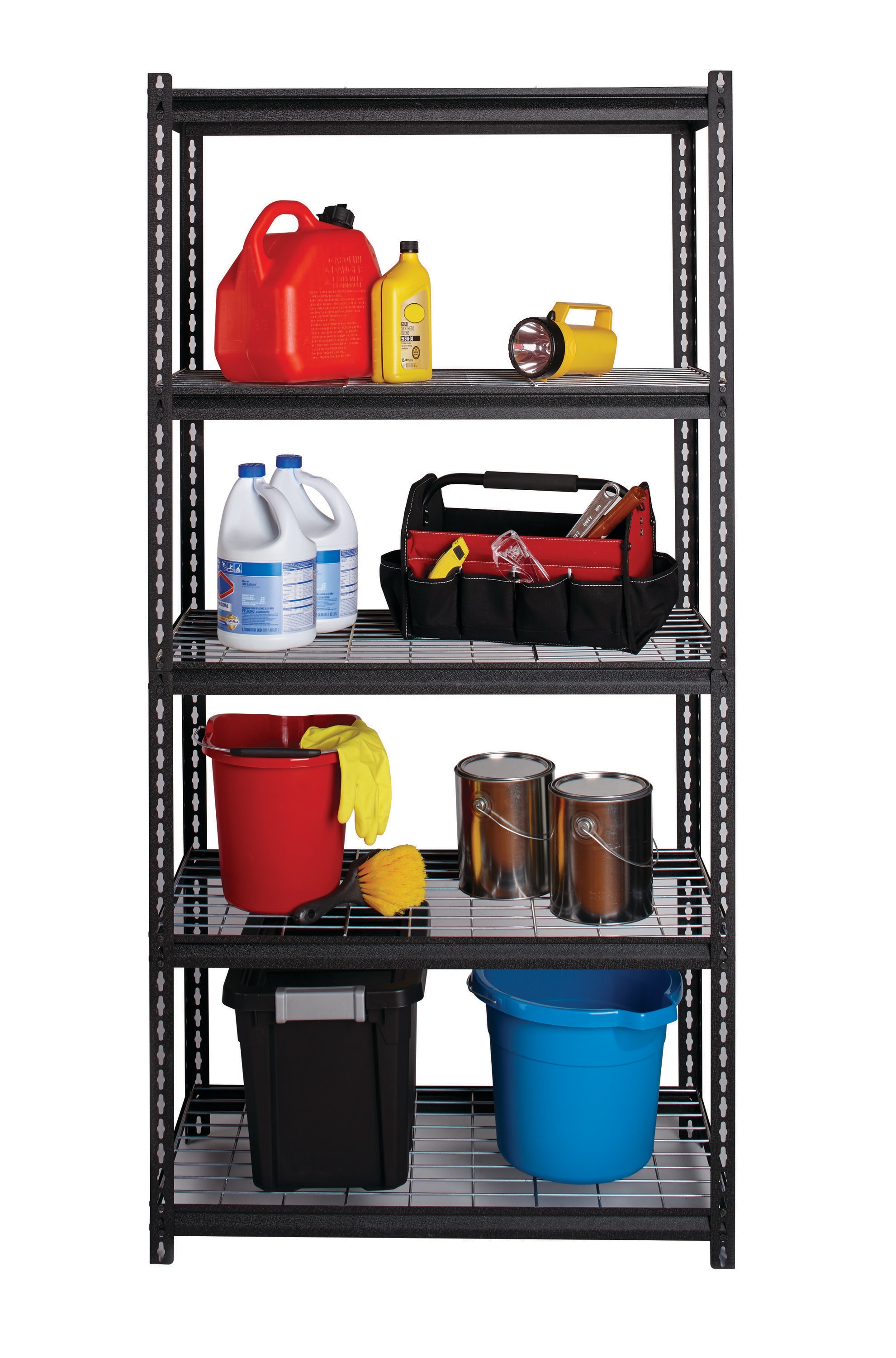 Riveted Steel 5-Shelf Adjustable Wire Deck Shelving, 72"H x 36"W x 18"D, Black