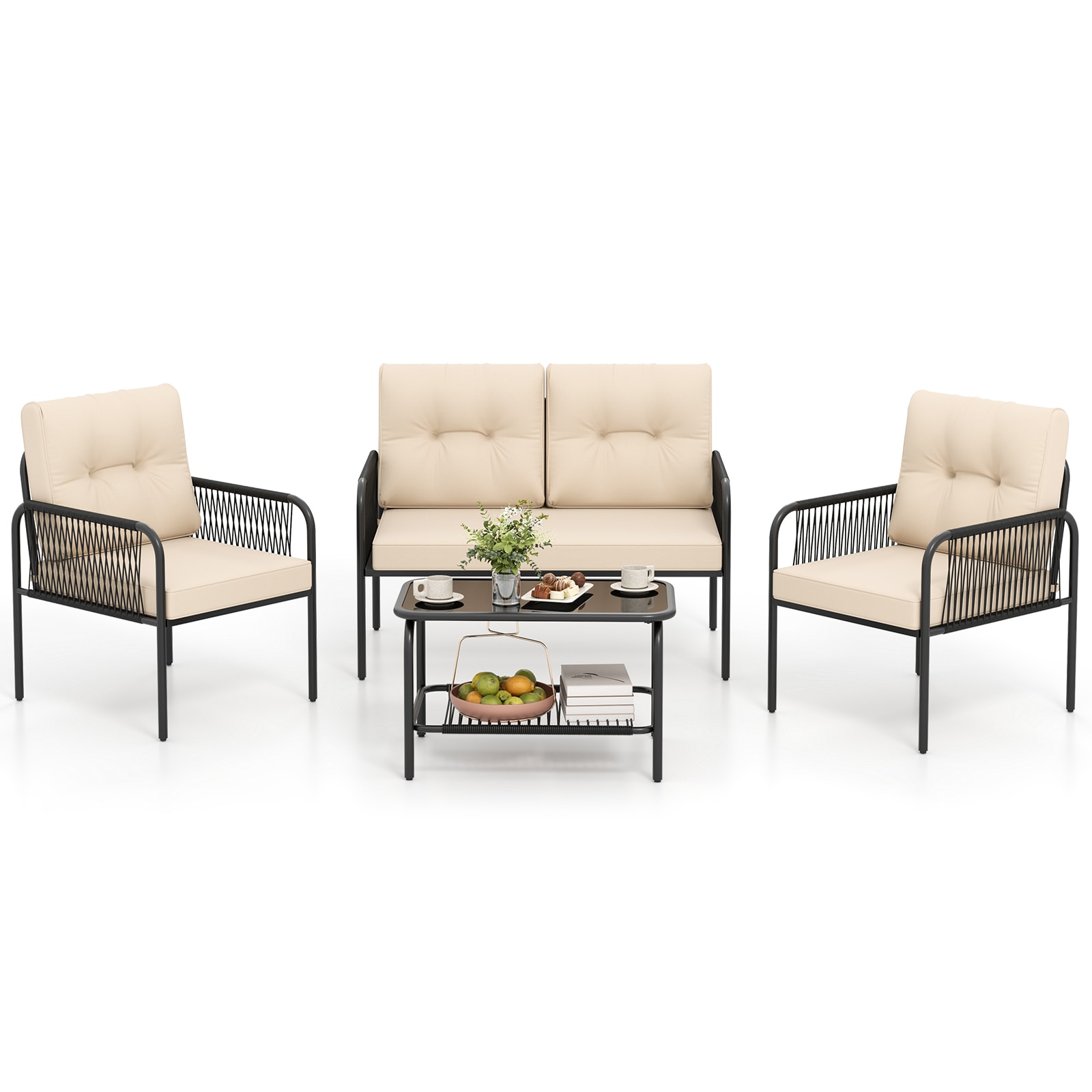  AA179BE 4 -Piece Rattan Patio Conversation Set with Beige Cushions
