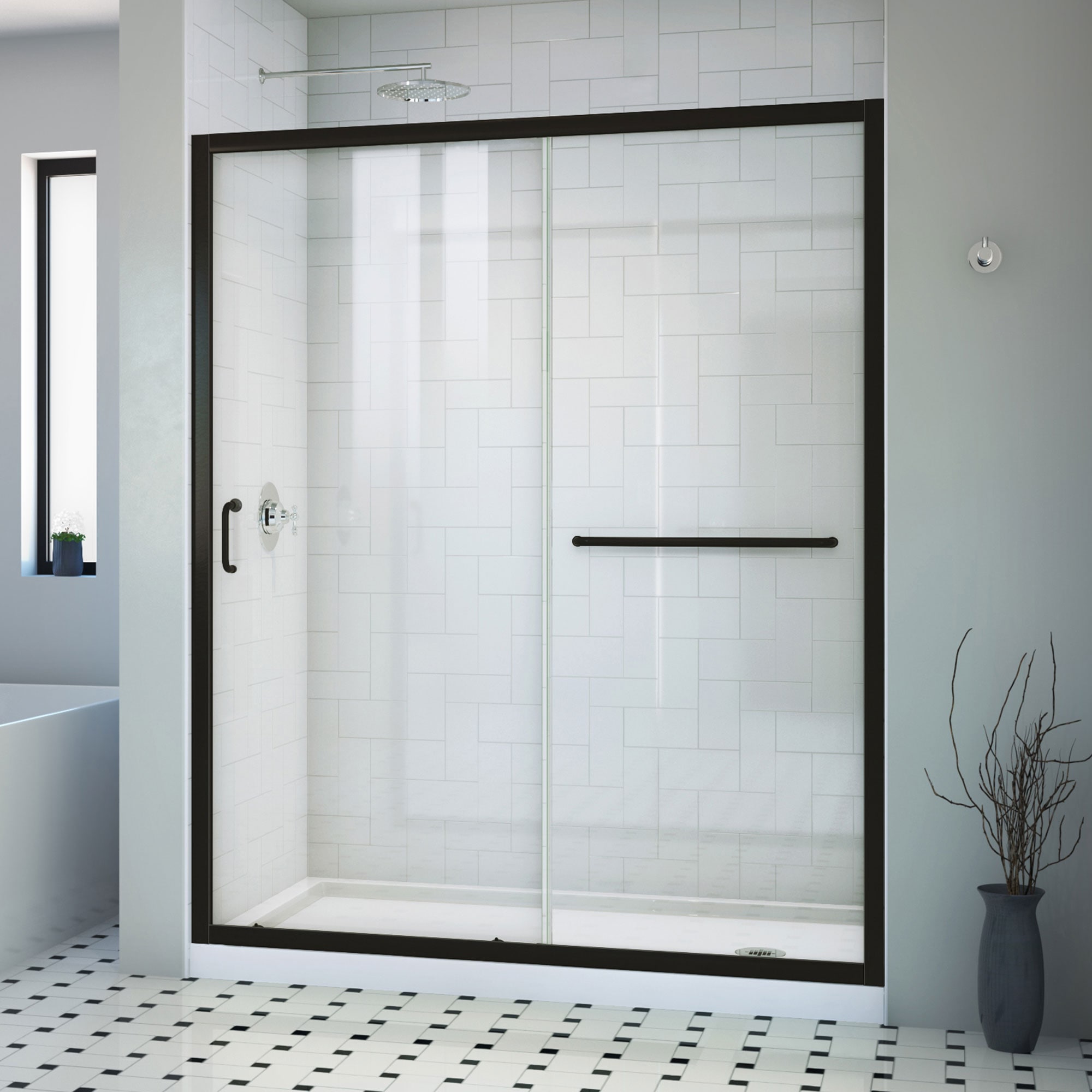 DreamLine DL-6970-CLR-09 Infinity-Z 2 -Piece 60-in W x 30-in L x 75-in H Rectangular Alcove shower kit ( Right Drain) Base and Door Included Black Hardware Included