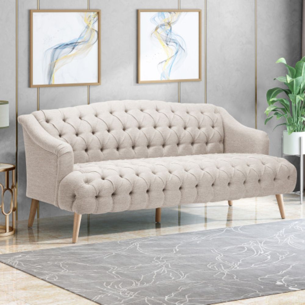 Christopher Knight Home Classic Comfy 3-Seater Velvet Button-Tufted Upholstered Sofa with Birch Legs and Deep Seat Design for Living Room and Study - Beige