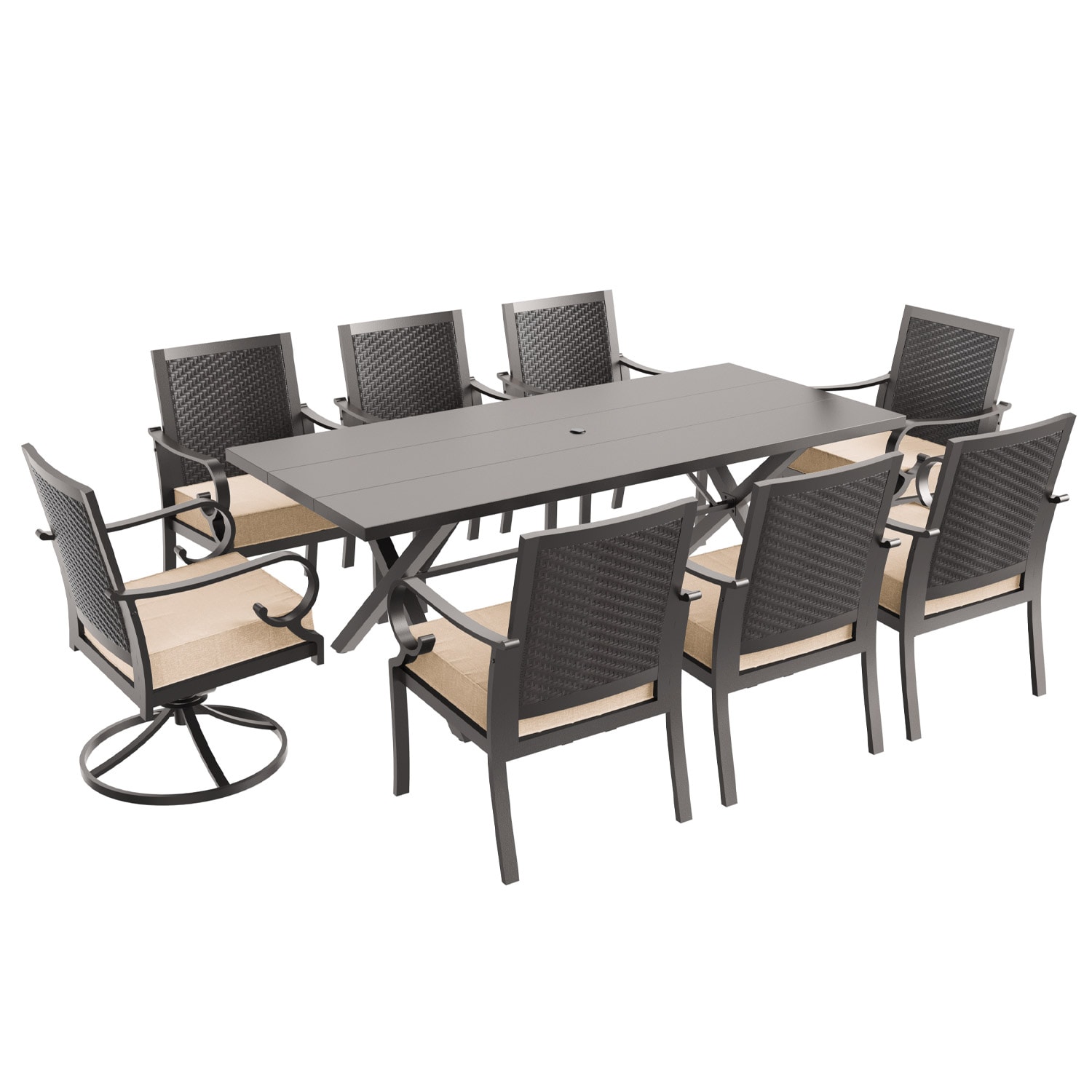 ALAULM LS-6&2DM-SAND 9 -Piece Brownish Black Patio Dining Set Iron Rectangle Table with 8 Brown Cushions Stackable Swivel Rocker Chairs
