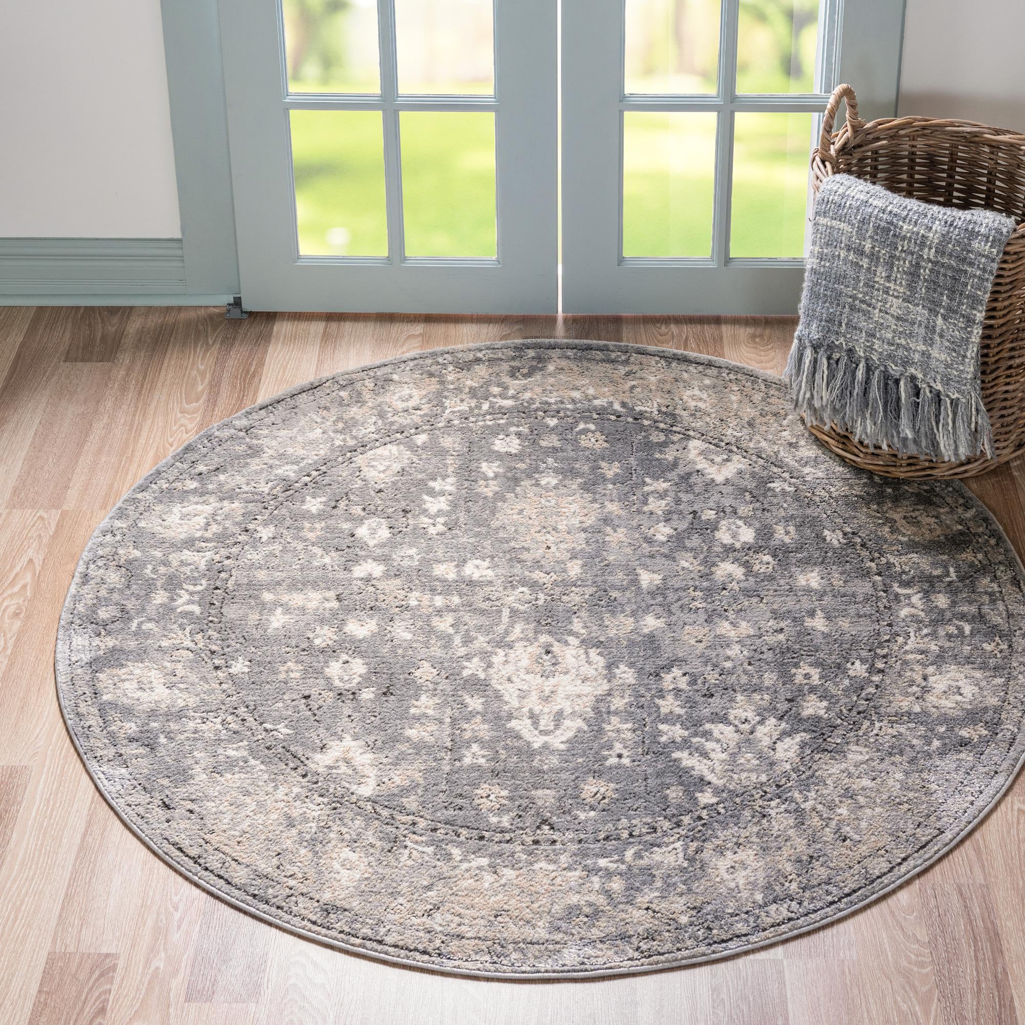 Unique Loom 3147249 Portland 7 x 7 (ft) Loomed Polypropylene Gray Round Indoor Border Area rug