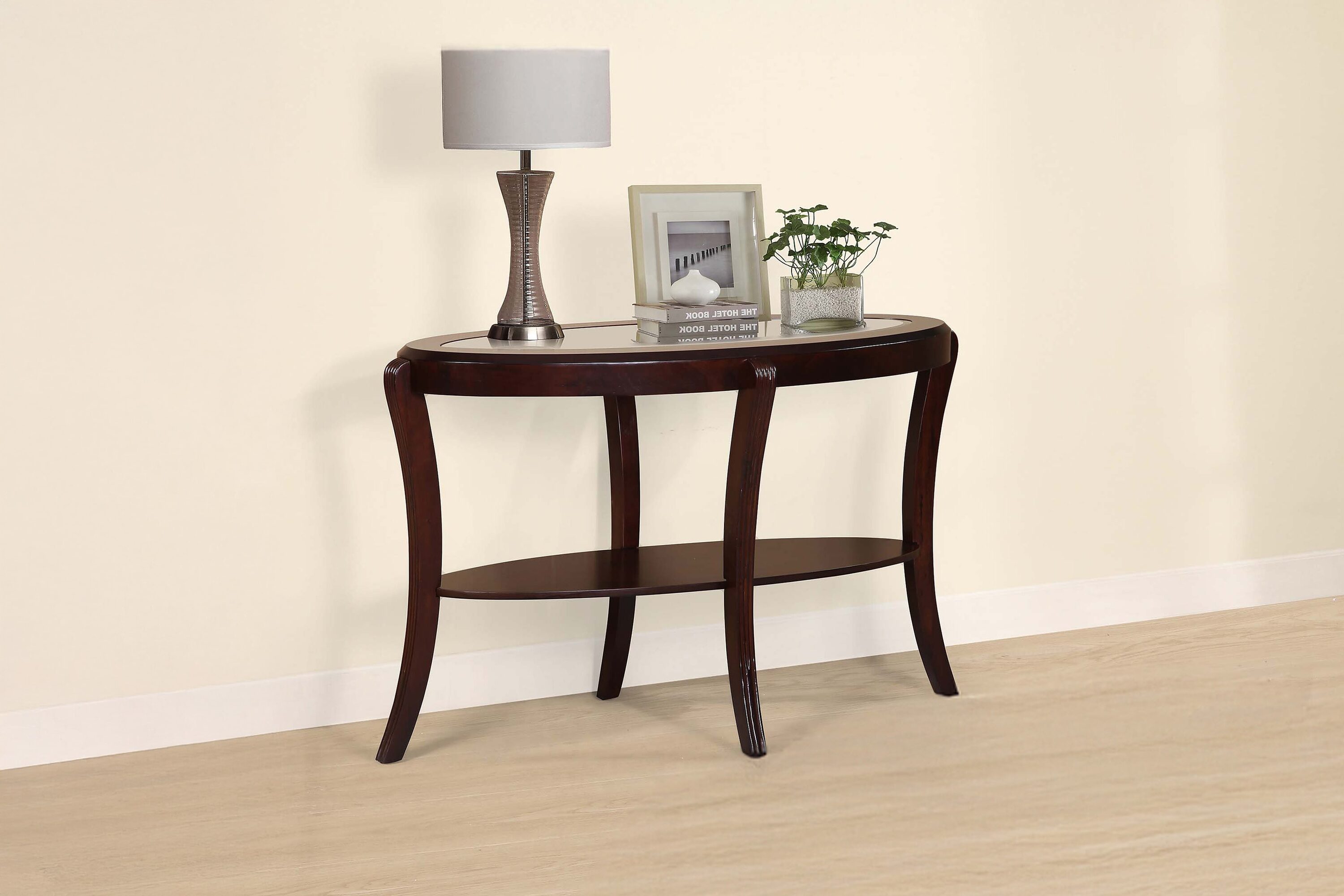 Tinyhomie Console Table Espresso/Dark Cherry Traditional 1pc Sofa Table w 5mm Tempered Glass Under-Table Shelf Storage Living Room