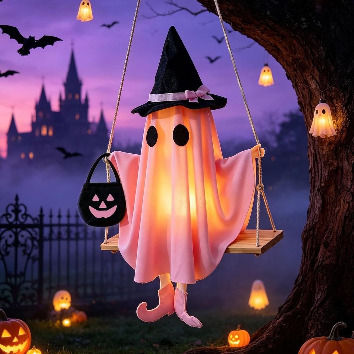 Pacrigo 2 Pack Pink Ghost Halloween Decorations with Warm LED Lights Swinging Outdoor Hanging Ghost for Porch and Party #JIA1-7811A6