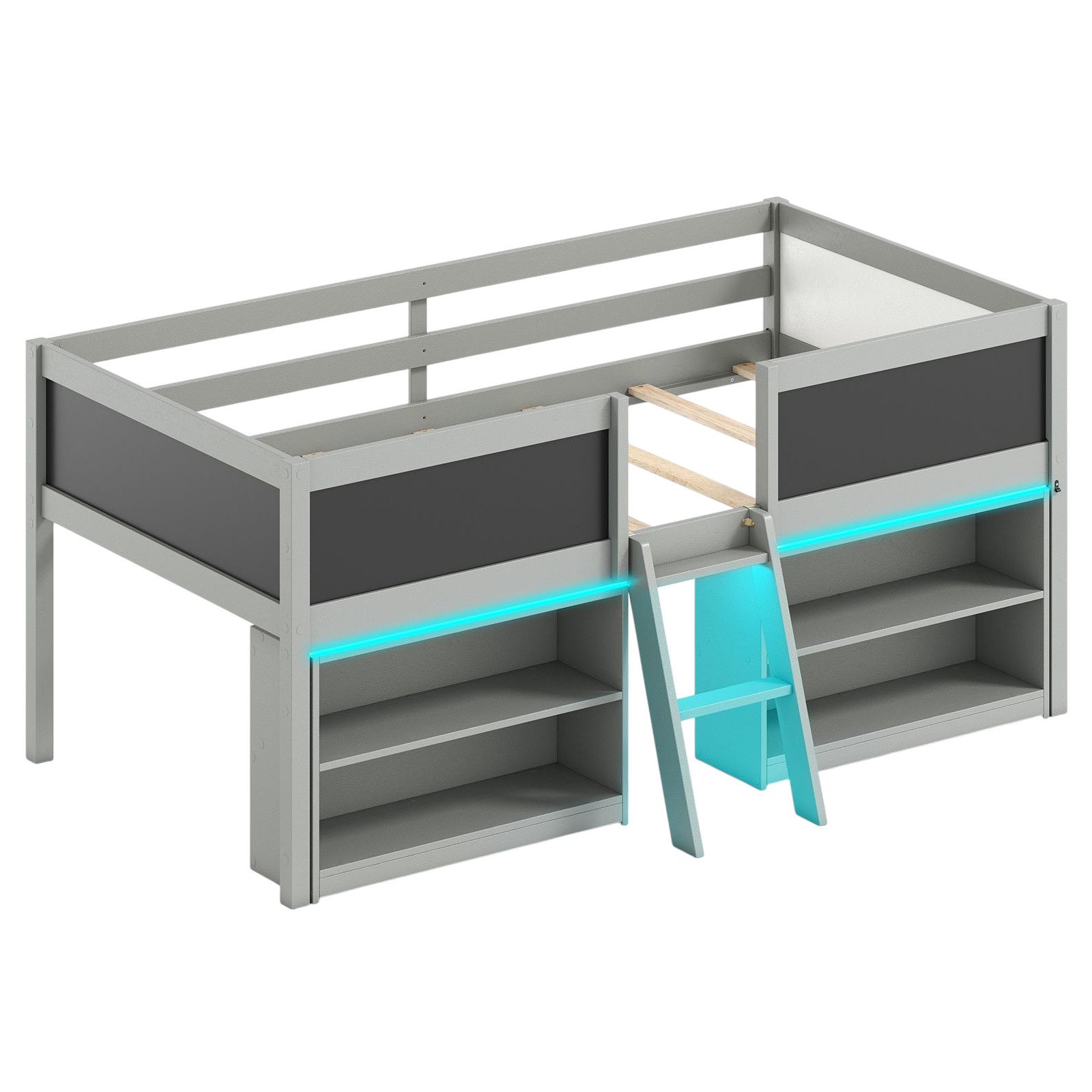 Slickblue Gray and White Twin Low Loft Bunk Bed for Kids with LED Lighting and Storage Bookcases