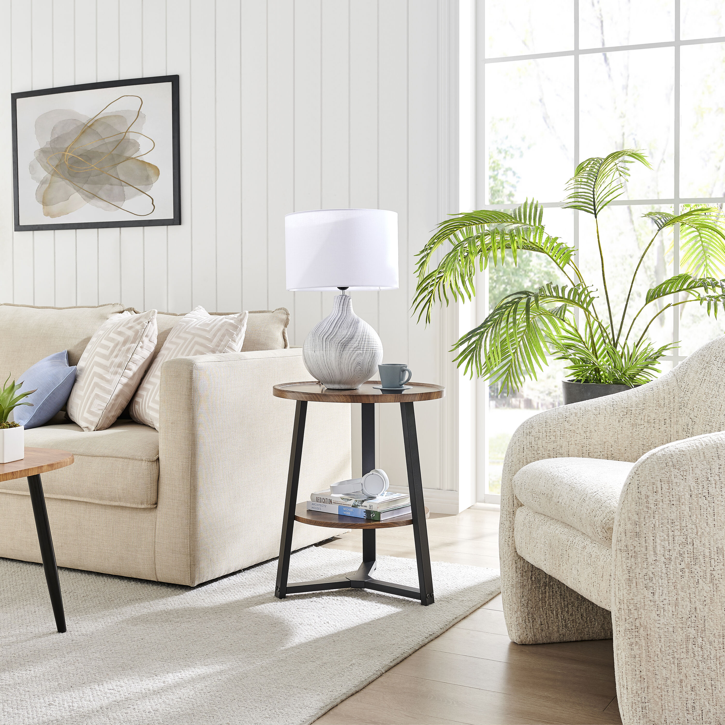 Walnut and Black Round Two-Tier Accent Table with Metal Legs