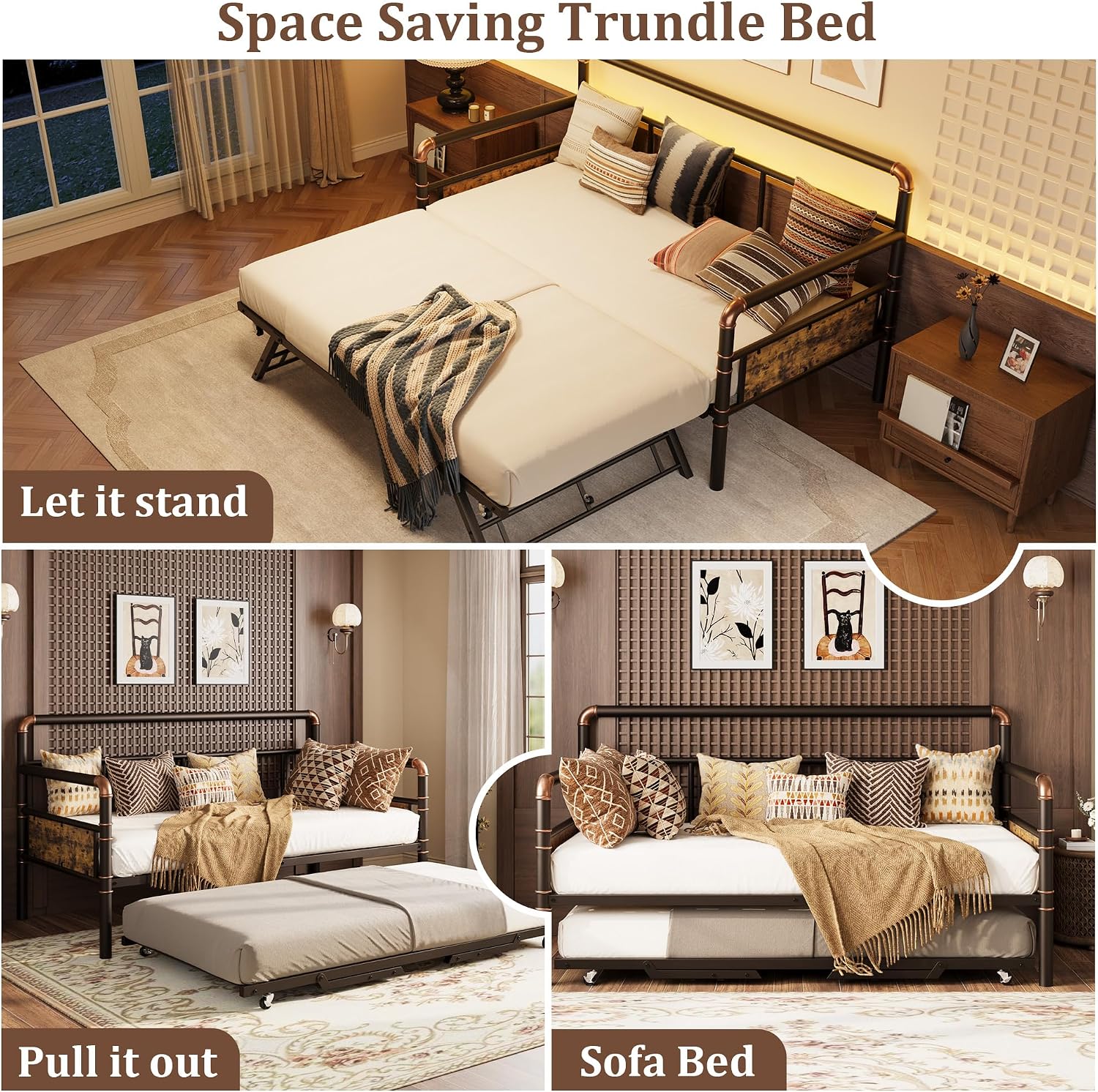 GAOMON Full Pop Up Trundle Daybed Metal Vintage Industrial No Box