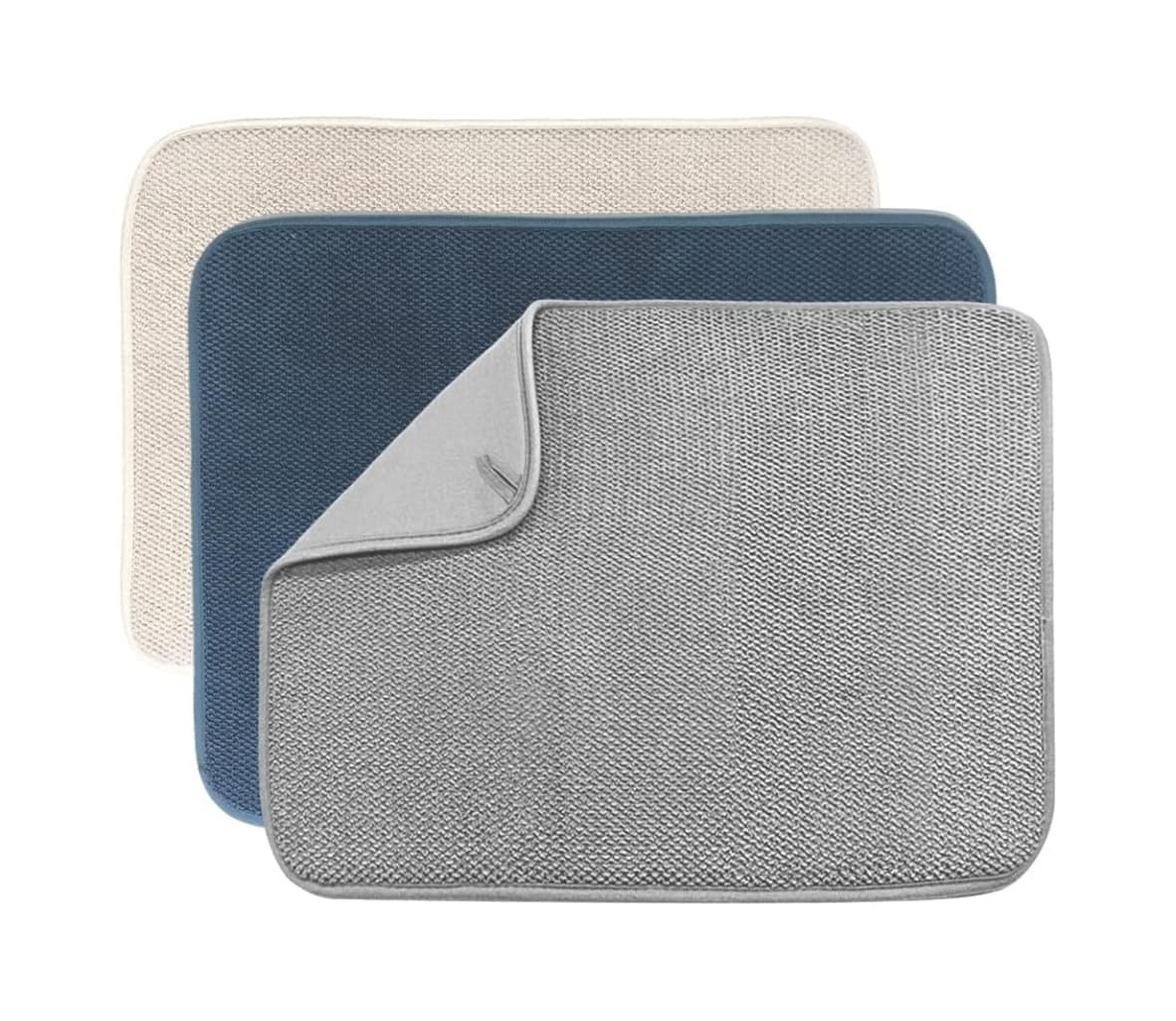 Etokfoks  3 Pack Dish Drying Mats Absorbent Microfiber Three Layer Countertop Drainer Pads 20 x 15 in Beige Grey Blue Foldable Kitchen