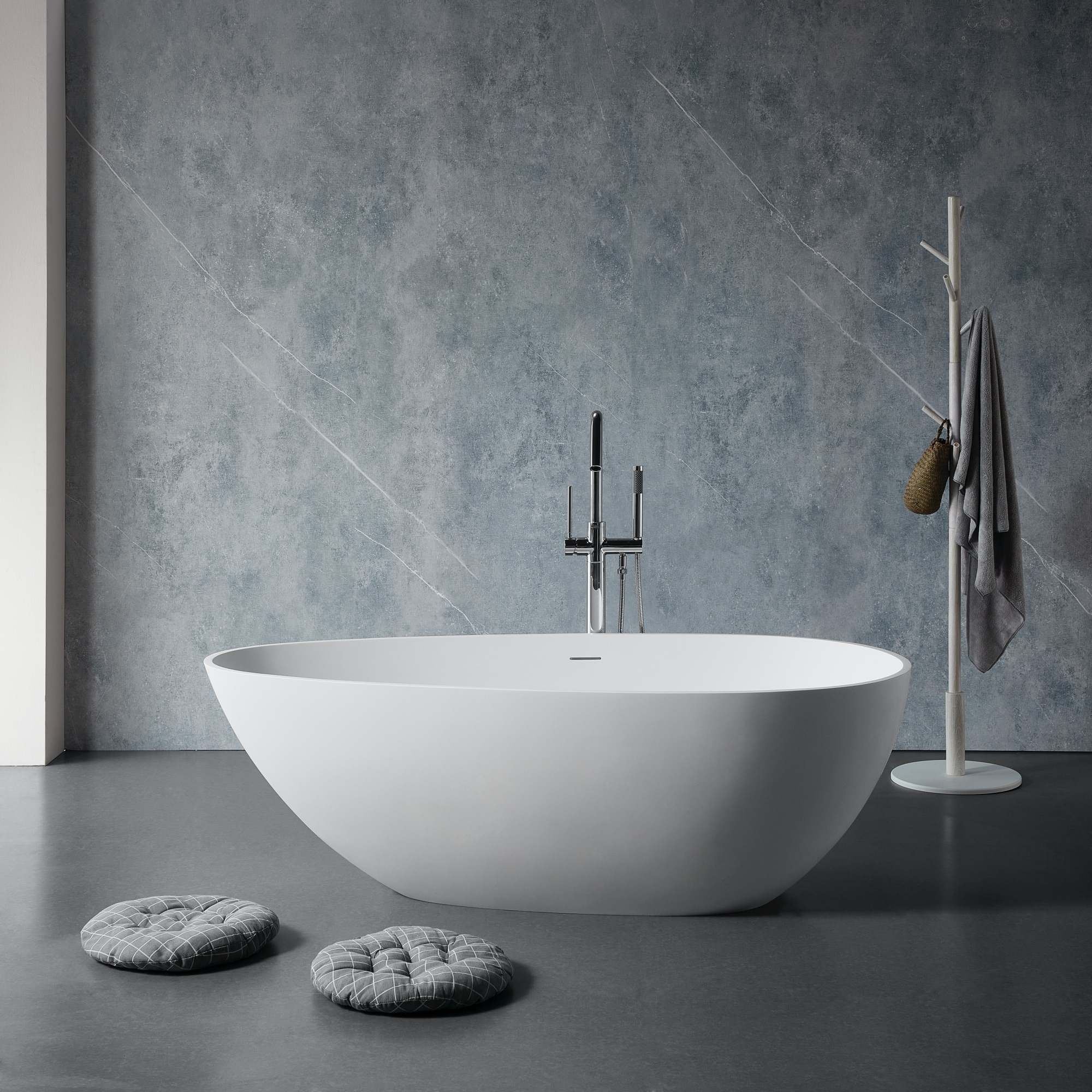 LUCKY ONE 33.5-in x 67-in Matte White Solid Surface Oval Freestanding Soaking Bathtub with Drain