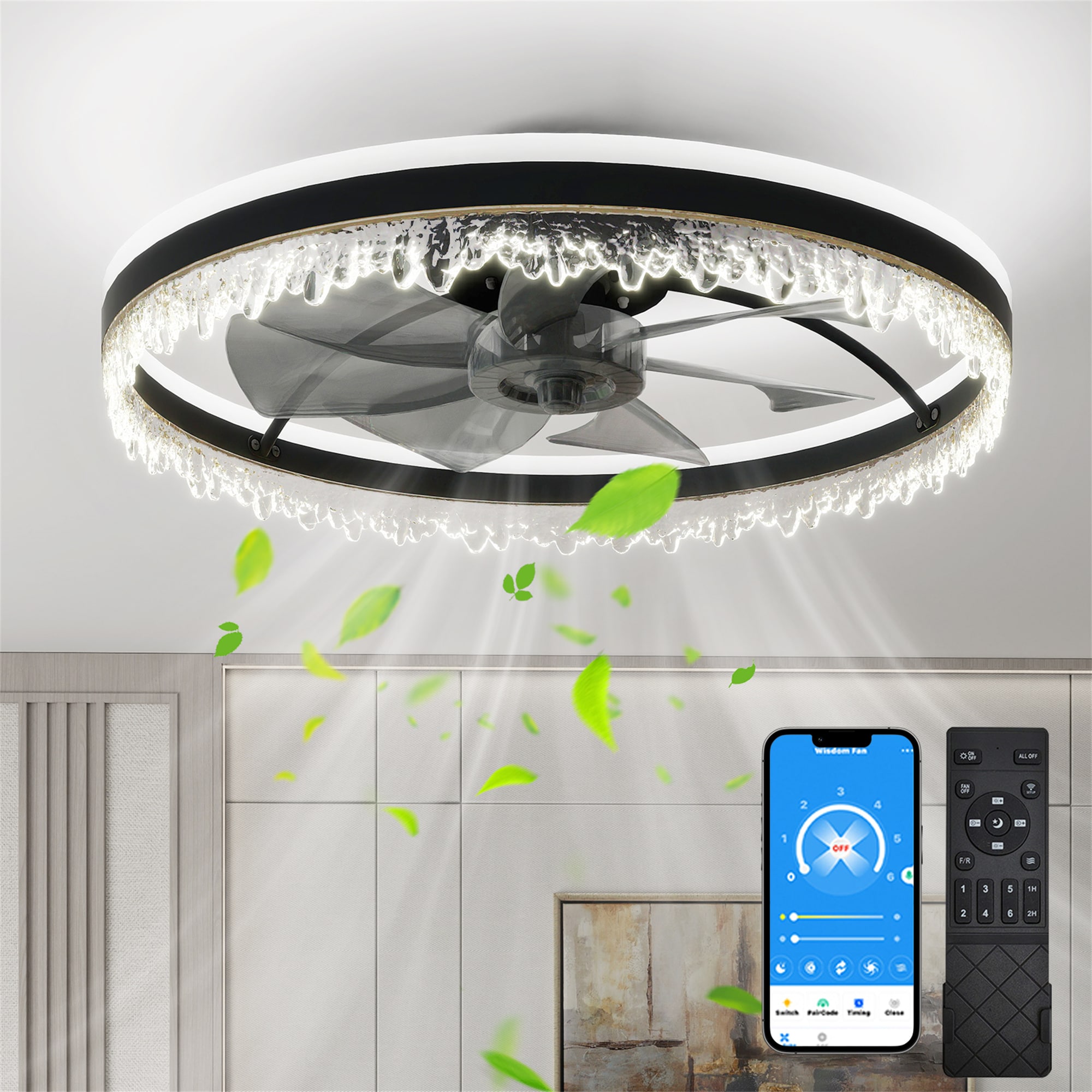 BABOOM BOM-DES5ORDHS Modern LED Ceiling Fan with Light 23.6-in Color-Changing Integrated LED Flush Mount Black with ABS Blades Fandelier Ceiling Fan With Light - Remote Included ( 7 -Blade )