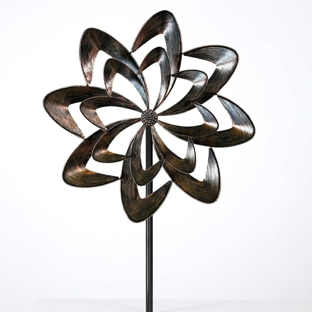 Etokfoks - 74 in H Bronze Metal Solar Powered Wind Spinner Outdoor Kinetic Sculpture Wind Decor ...