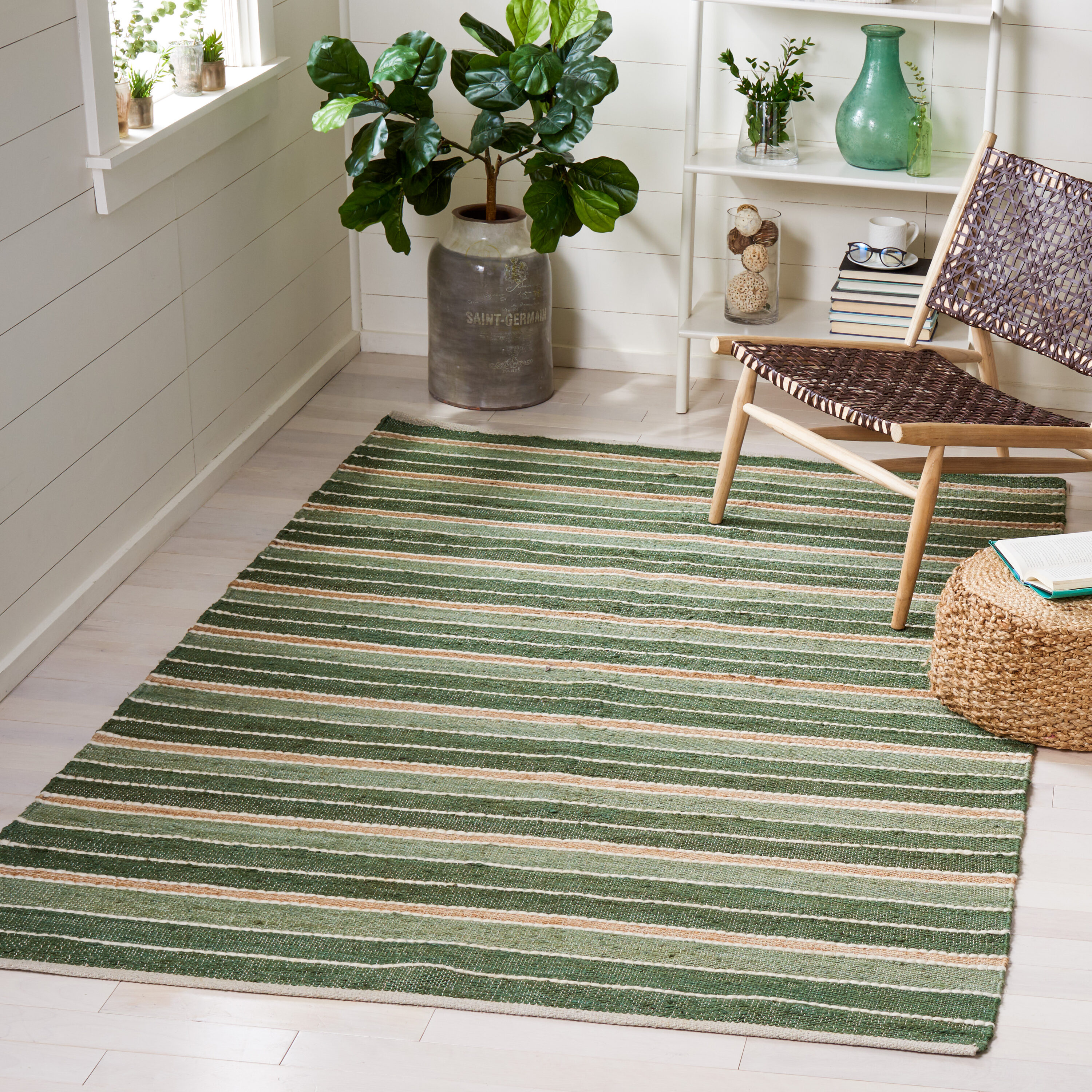  Striped Kilim 312 Green/Natural Contemporary 5ft x 8ft Medium Rectangle Rug
