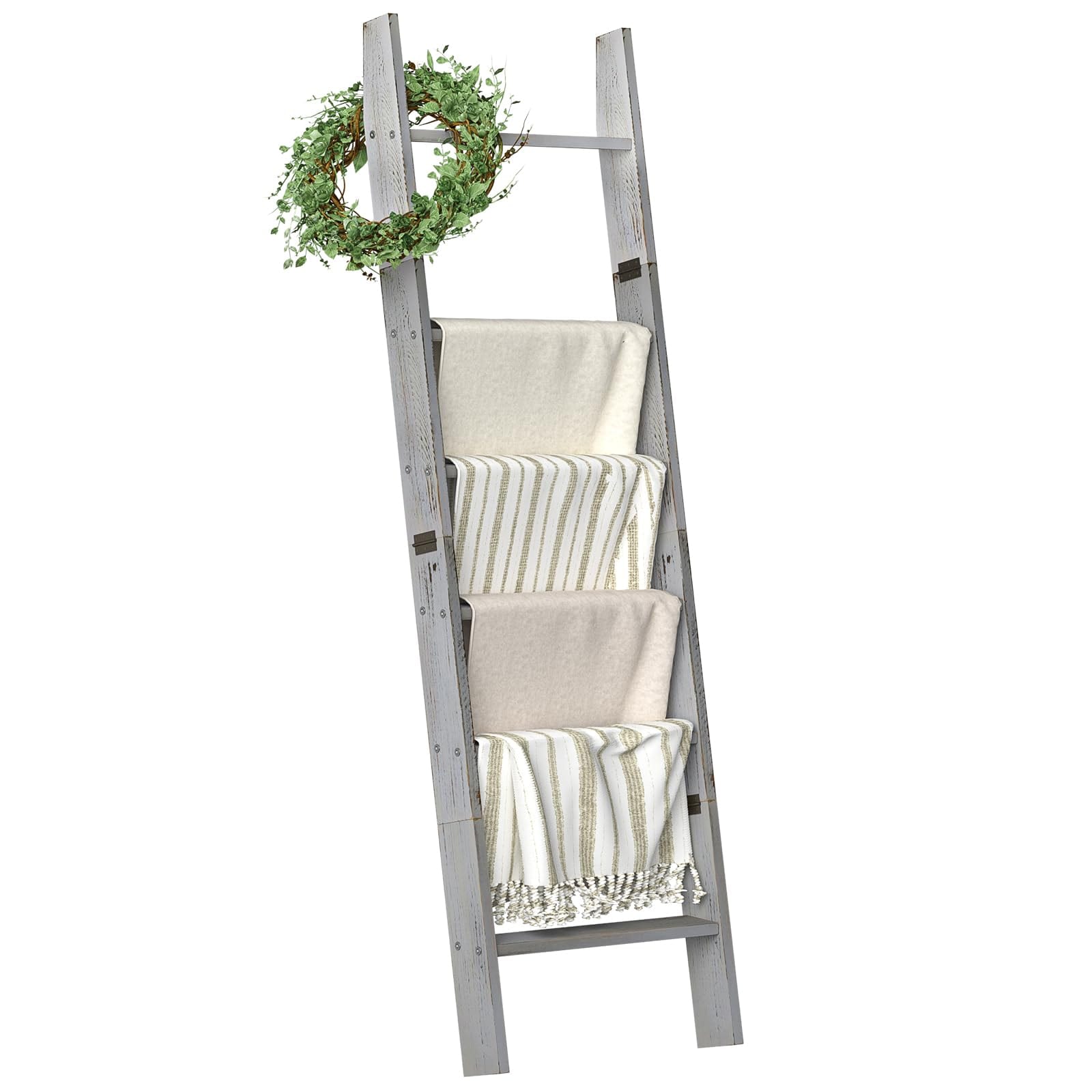 WZKZLH Grey 61.8 X 18.1 X 3.5 IN 6 Tier Wooden Blanket Ladder Farmhouse Wall Leaning Storage Rack