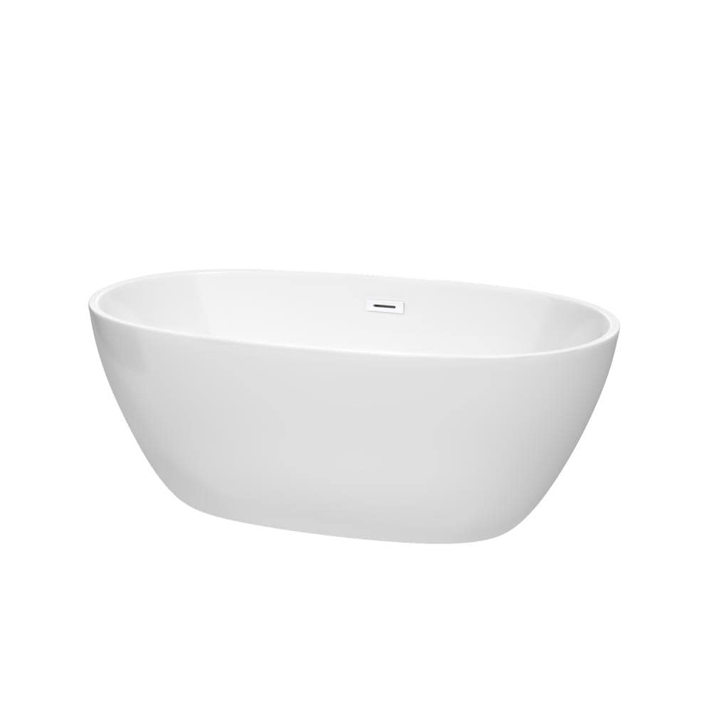 Wyndham Collection WCBTK156159SWTRIM Juno 32-in x 59-in White with Shiny White Trim Acrylic Oval Freestanding Soaking bathtub with Drain ( Center Drain )