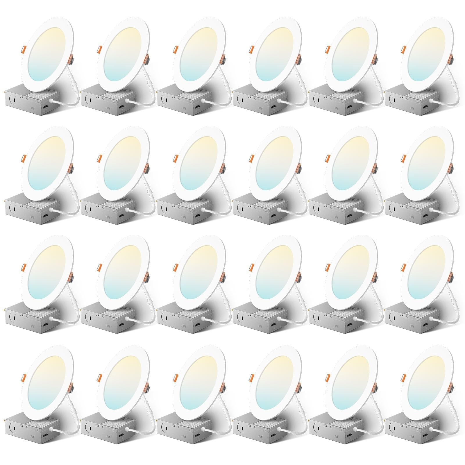 Oyezvary  24 Pack 6 Inch 5CCT Ultra Thin LED Recessed Ceiling Light with Junction Box Selectable 2700K 5000K 1050 Lumens Dimmable Canless Downlight