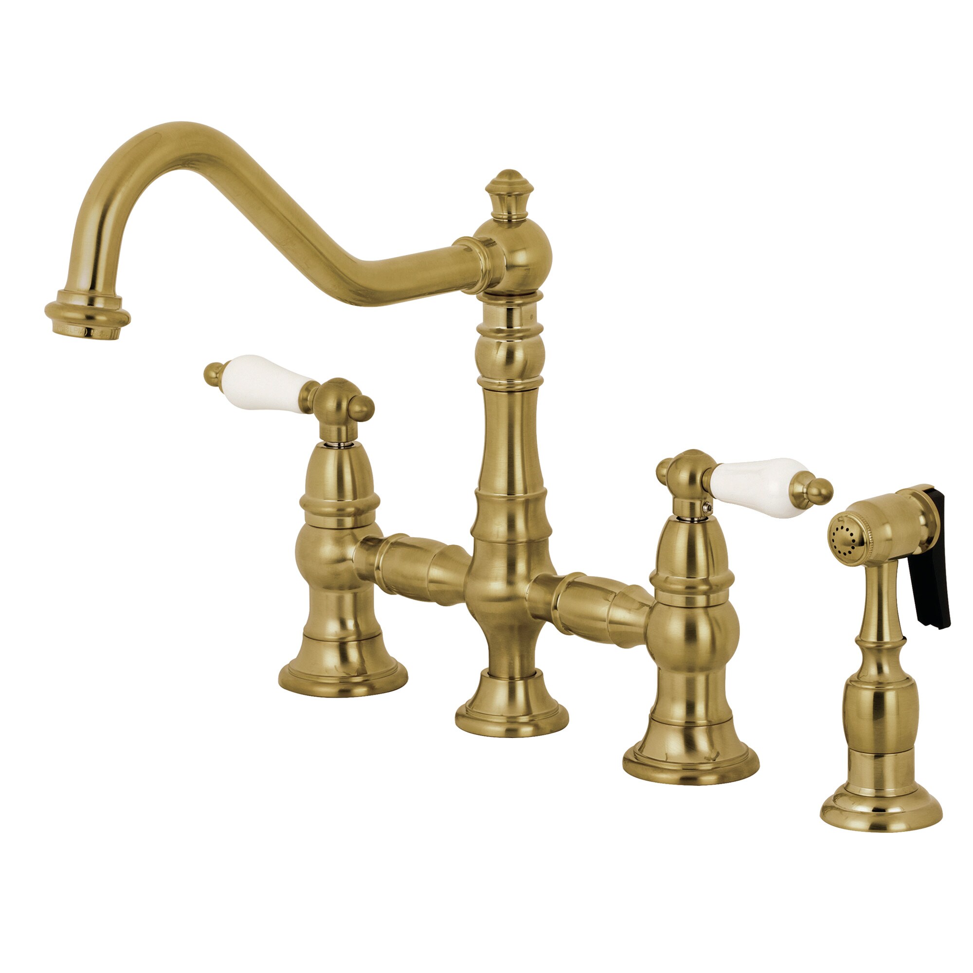 Kingston Brass WLKS3277PLBS Restoration Brushed Brass Double Handle Deck-mount Bridge Kitchen Faucet ( Side Sprayer Included )