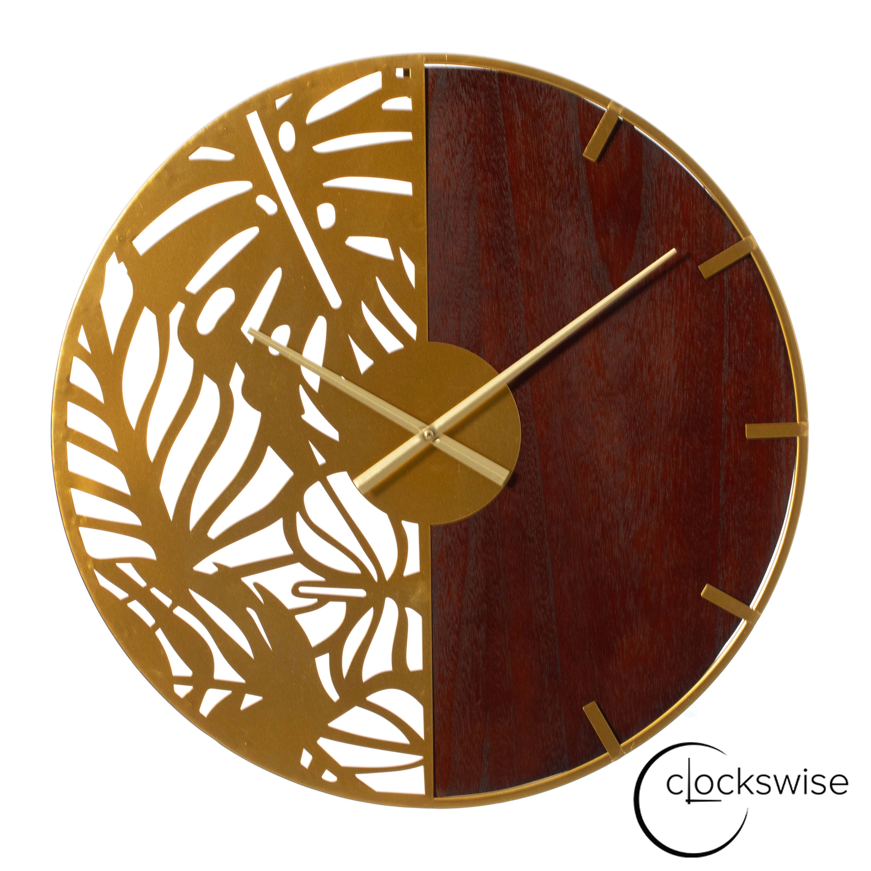 24" Brown Wood and Gold Metal Leaf Cutout Oversized Wall Clock