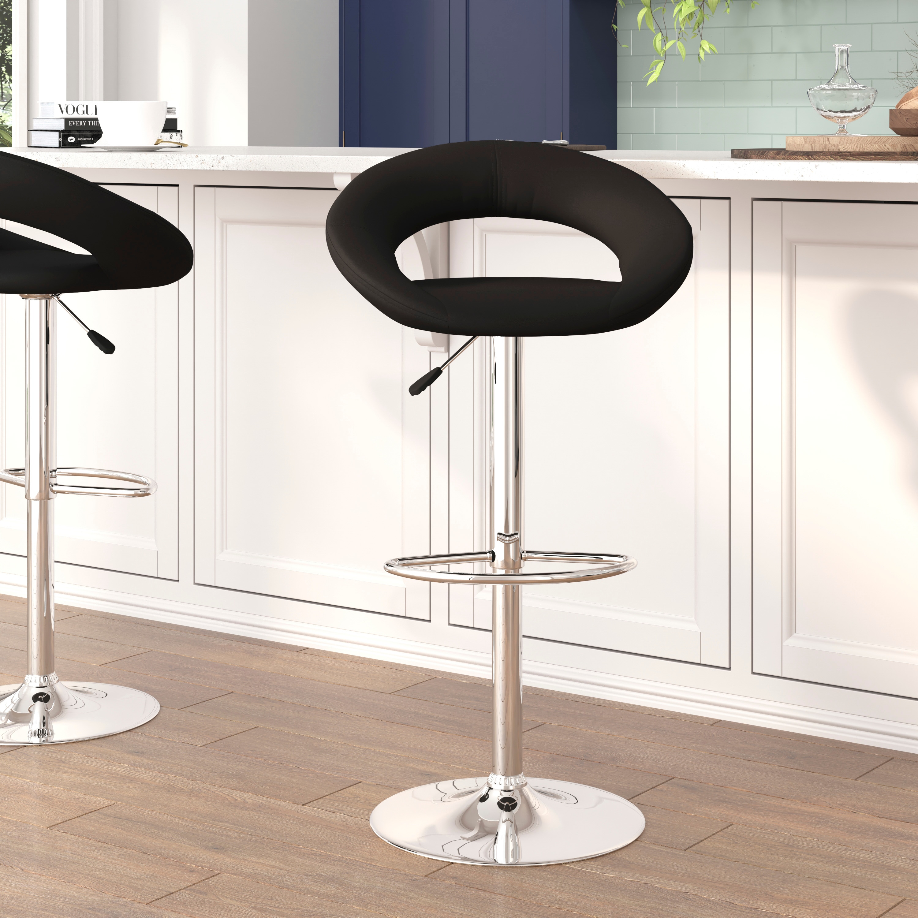 Orbit-Back Swivel Adjustable Stool in Black Vinyl with Chrome Base