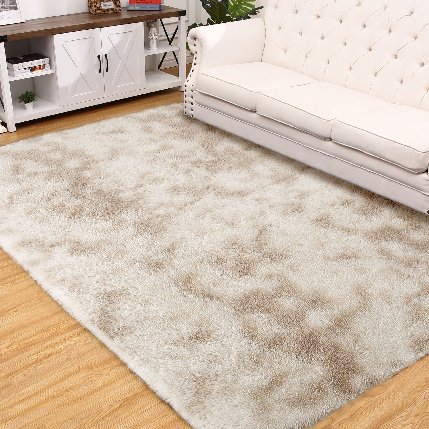 Garvee YXY-LO-PHO-0PW2L69I 8 x 10 (ft) Polyester Tie-dye Light Khaki Rectangular Indoor Solid Mid-Century Modern Area rug