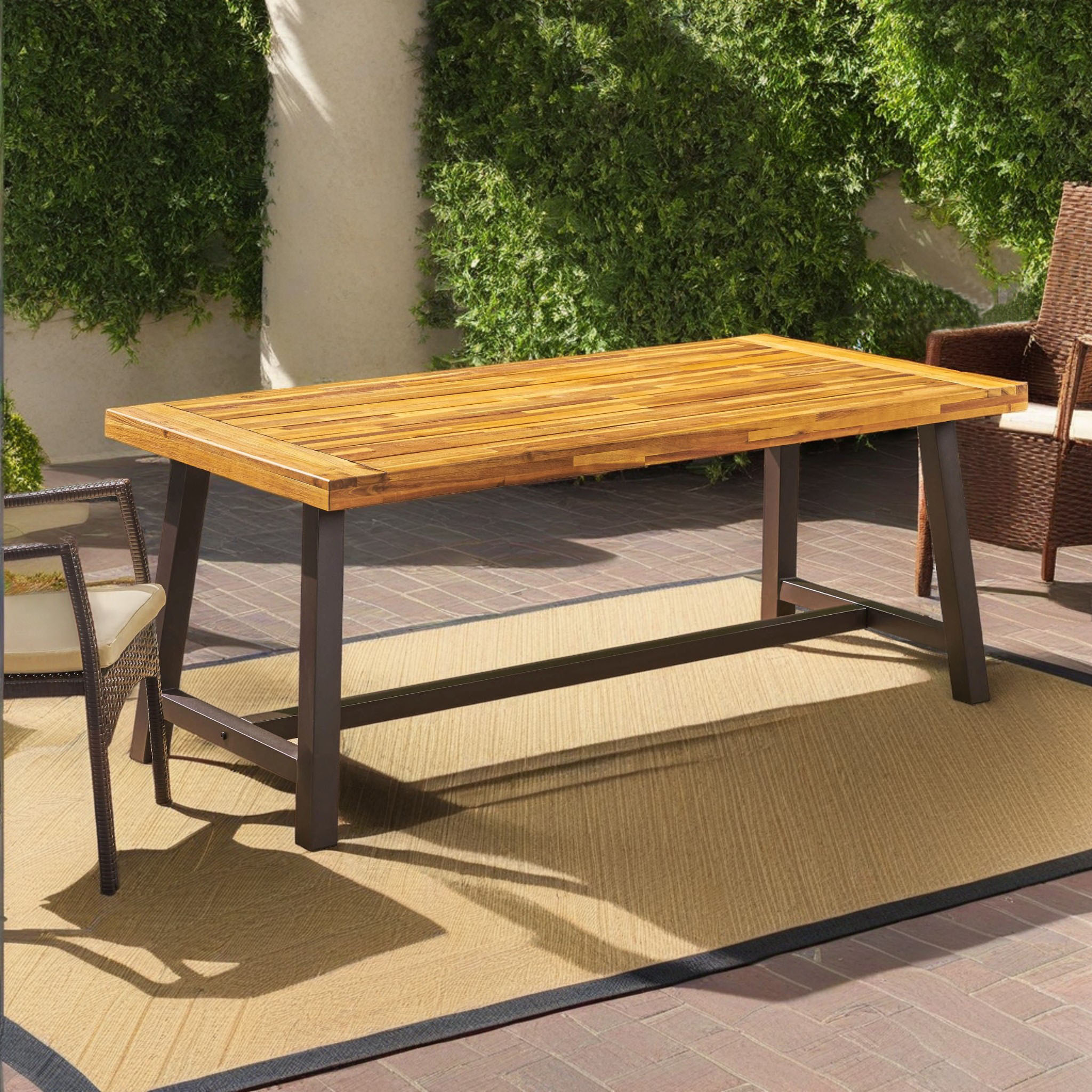 Christopher Knight Home 302693 Carlisle Outdoor Sandblast Finish Acacia Wood Dining Table with Rustic Metal Frame Brown and Black