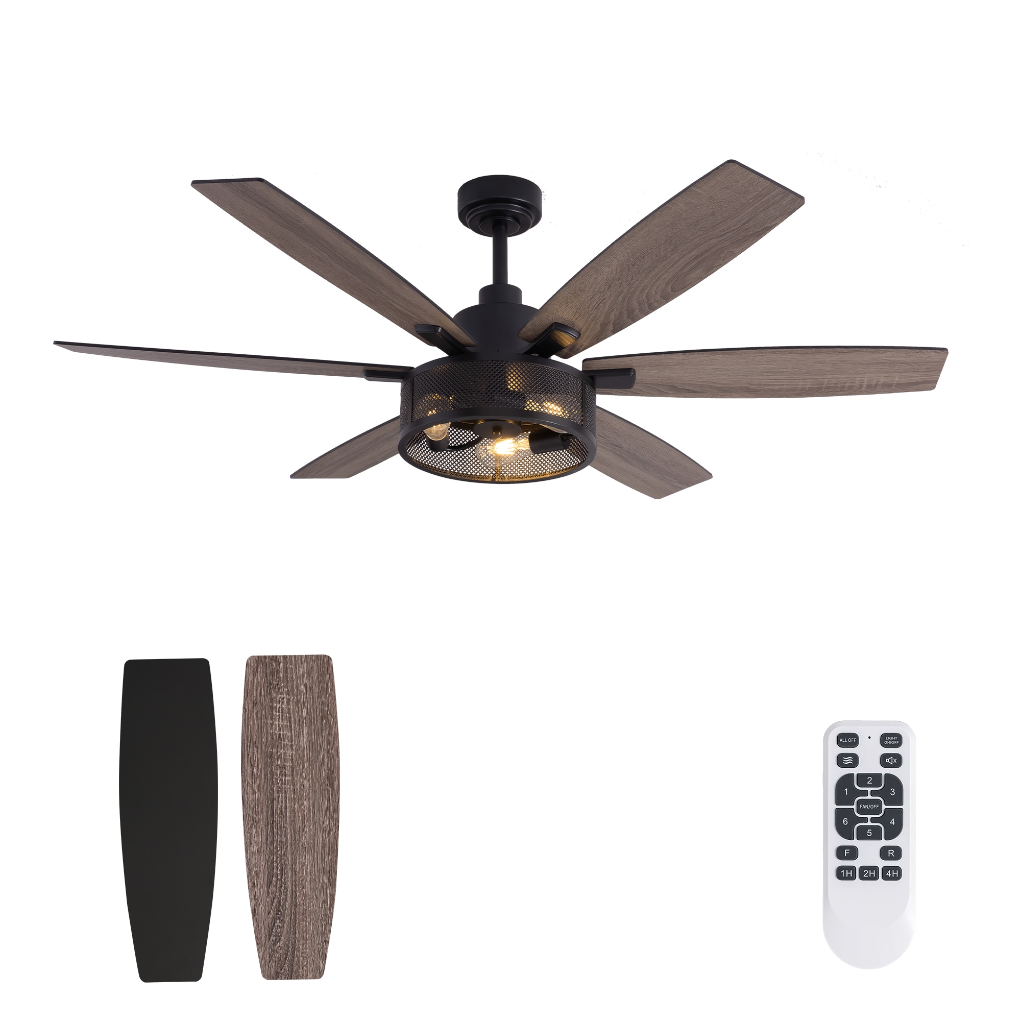 SILJOY FS-8836D-60-01 60-in Indoor Matte Black Layered Caged Ceiling Fan with Light Kit Reversible Blades and Remote Included