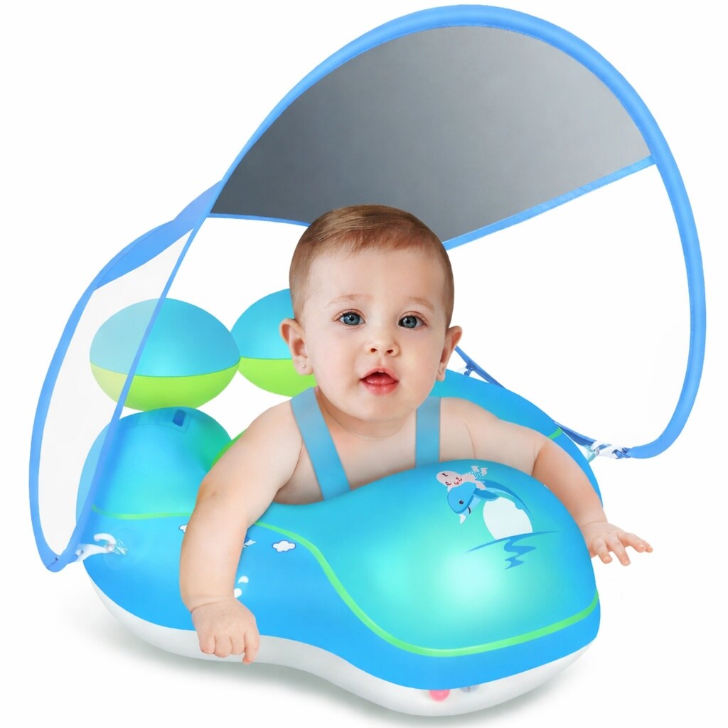 AKSCYZM  Baby Pool Float with Canopy UPF50 Sun Protection Double Air Chambers Anti Flip Design for 6 to 36 Months Blue Large with Pump