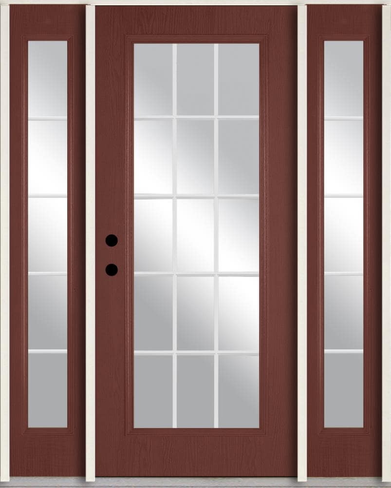 RELIABILT LO889957 60-in x 80-in x Fiberglass Full lite Right-hand inswing Wineberry Stained Prehung Front Door with Sidelights Insulating core with Grilles