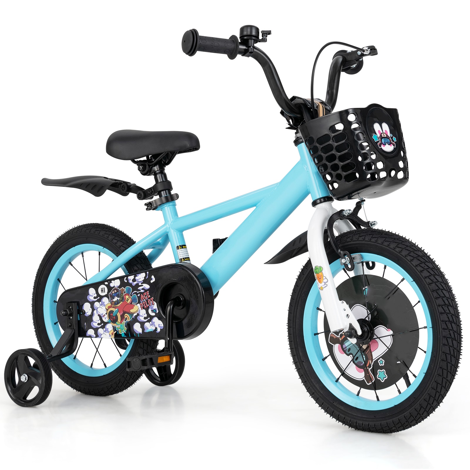 Slickblue 14-Inch Kids Bike with Training Wheels Basket Bell Dual Brakes and Chain Guard Blue Bicycle for Ages 3-5 Outdoor Riding