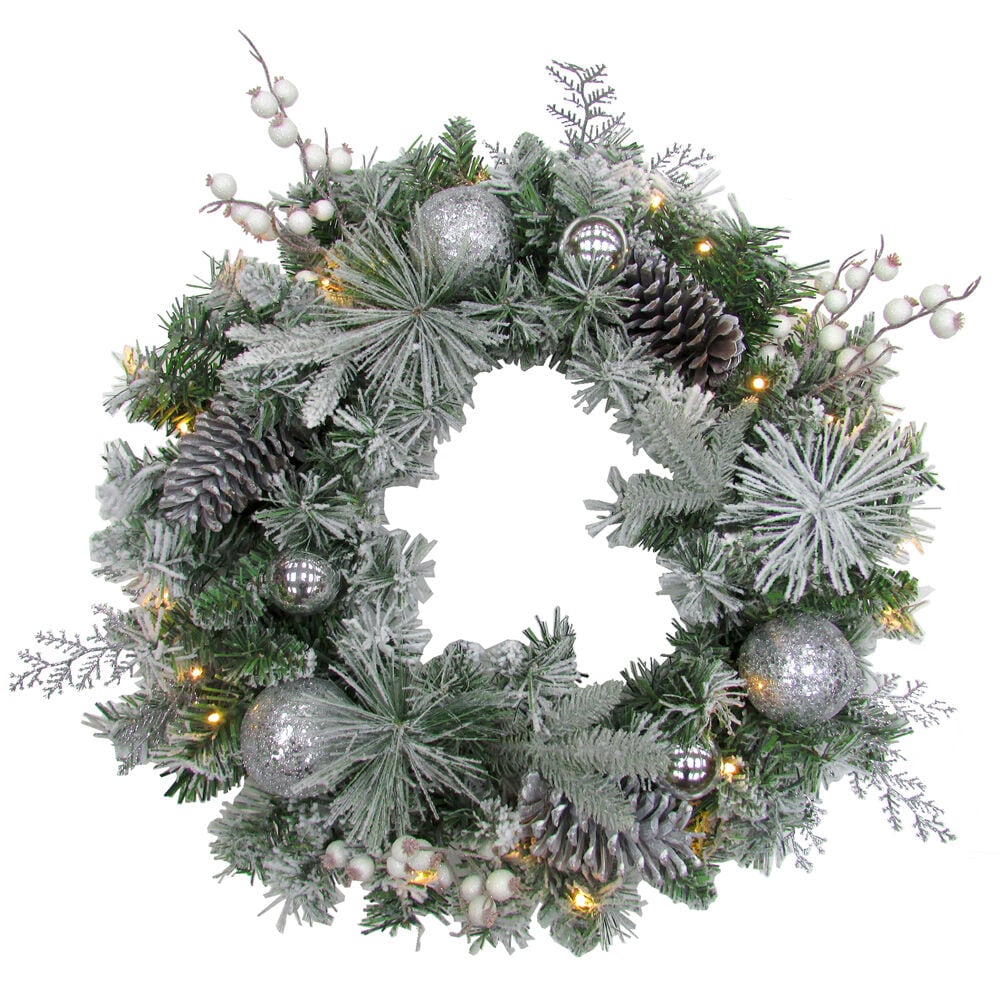 Fraser Hill Farm FF024CHWR003-1SN 24-in Flocked Pre-lit Indoor/Outdoor Battery-operated Snow/Green Mixed needle Artificial Christmas Wreath