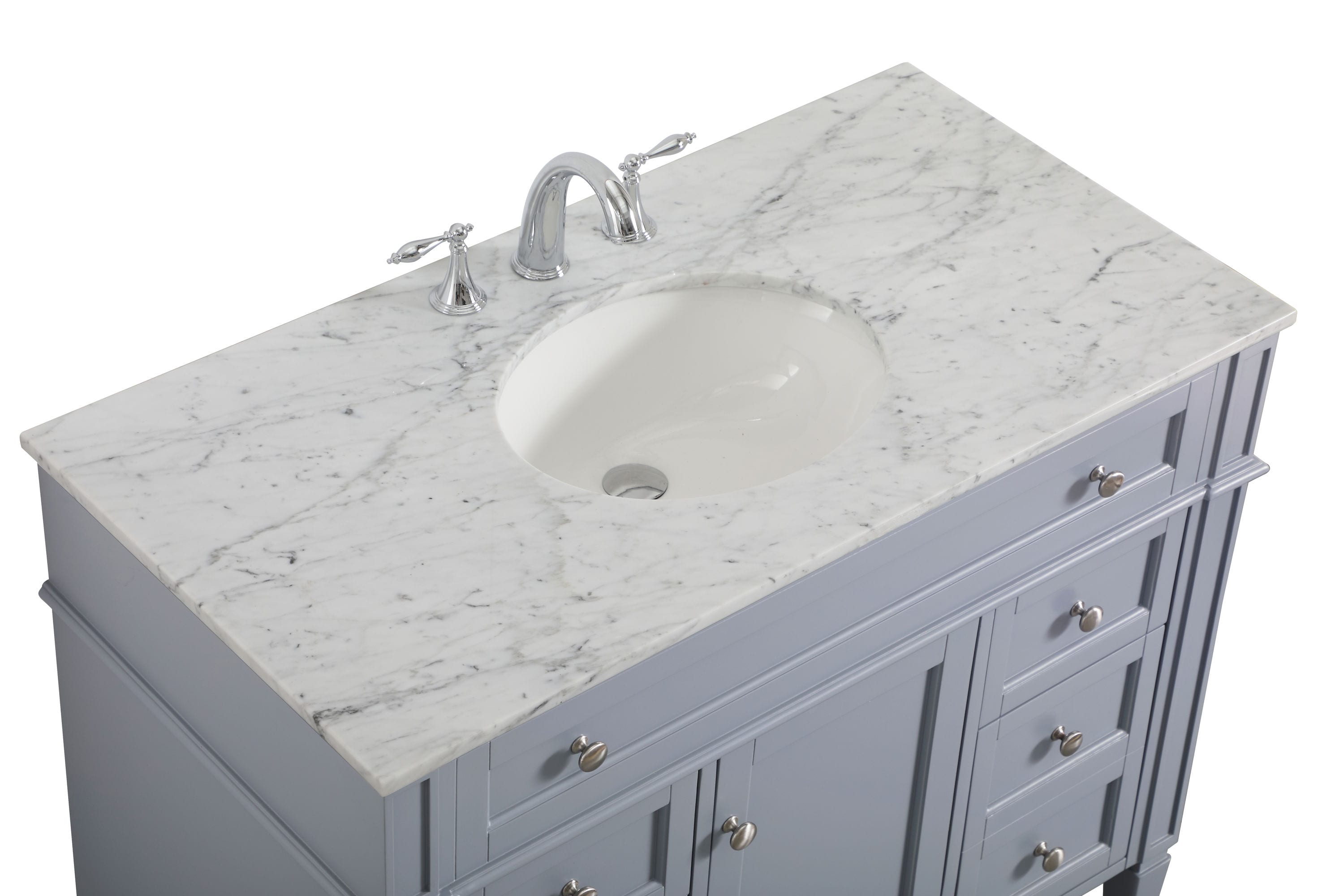 Gray Solid Wood and Marble Single Bathroom Vanity with Porcelain Sink