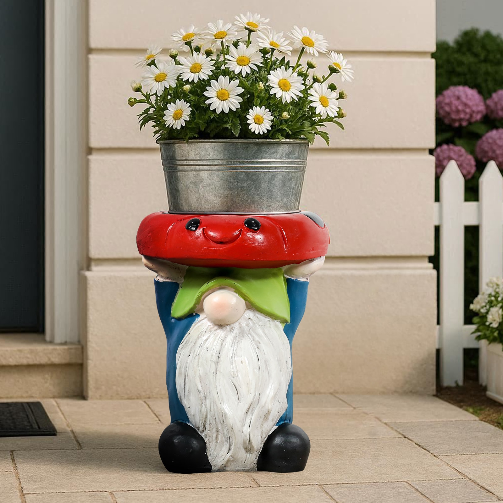Watnature  15 Inch Gnome Garden Stool with Ladybug Seat GFRC Concrete Outdoor Side Table Cute Fairy Patio Stool Indoor Outdoor
