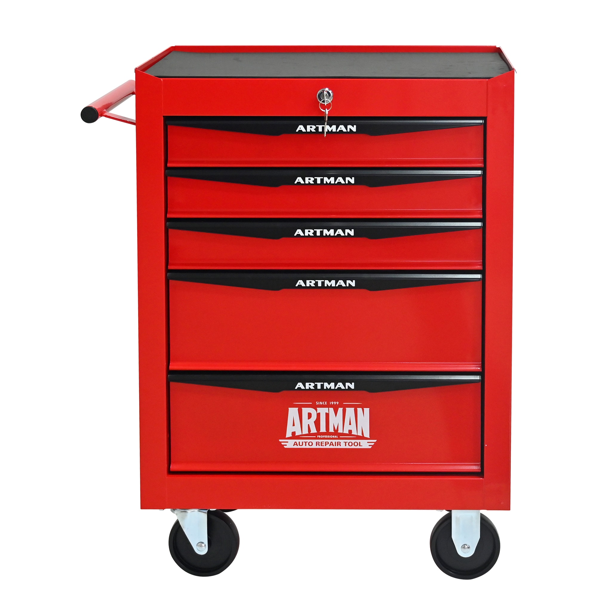 LOVMOR  20 inch 5 Drawer Ball Bearing Slide Tool Chest Lockable Tool Storage Organizer with Locking Wheels Metal Red and Black